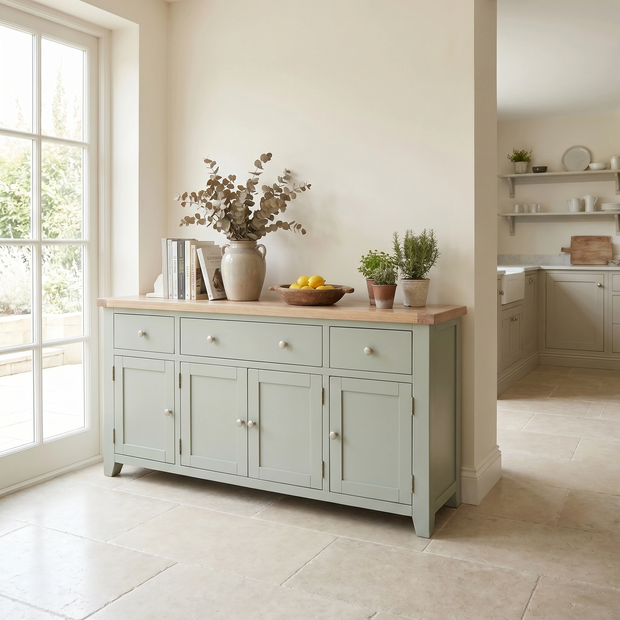 Light-filled kitchen featuring the Burford Large 4 Door 3 Drawers Sideboard in Sage Green, topped with potted plants, books, and a bowl of lemons.
