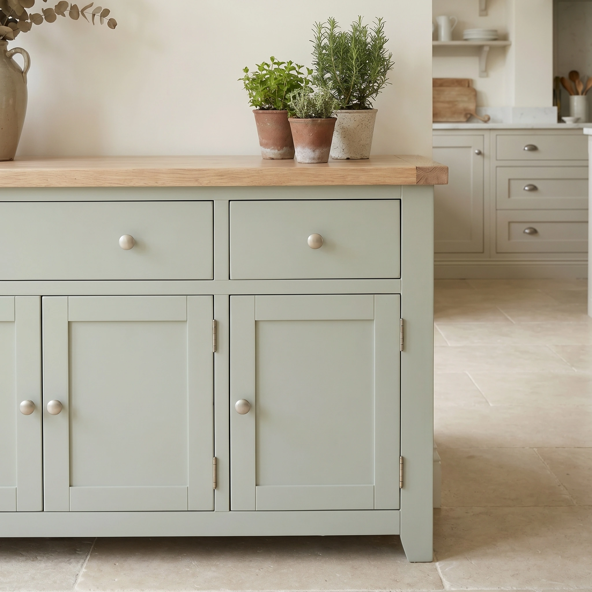 The Burford Large 4 Door 3 Drawers Sideboard in Sage Green, featuring a wooden countertop and potted herbs on top, stands on a tiled floor.
