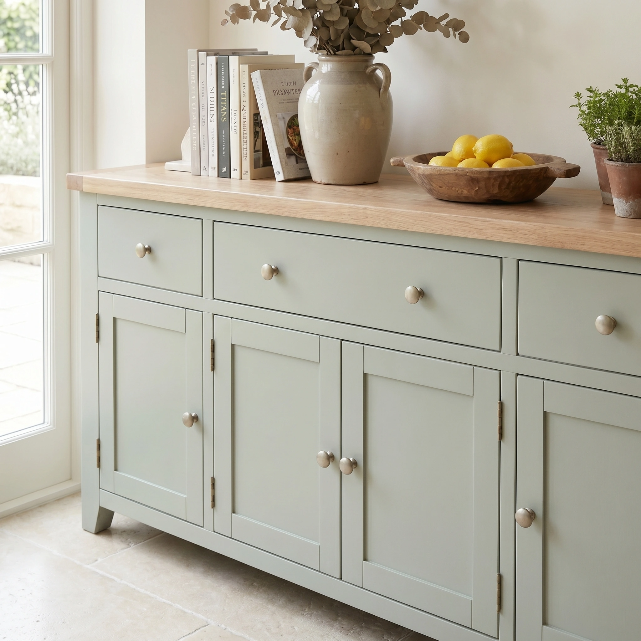 The Burford Large 4 Door 3 Drawers Sideboard in Sage Green features a wood countertop with books, a vase, lemons, and a small plant—offering ample storage and stylish organization for any room.