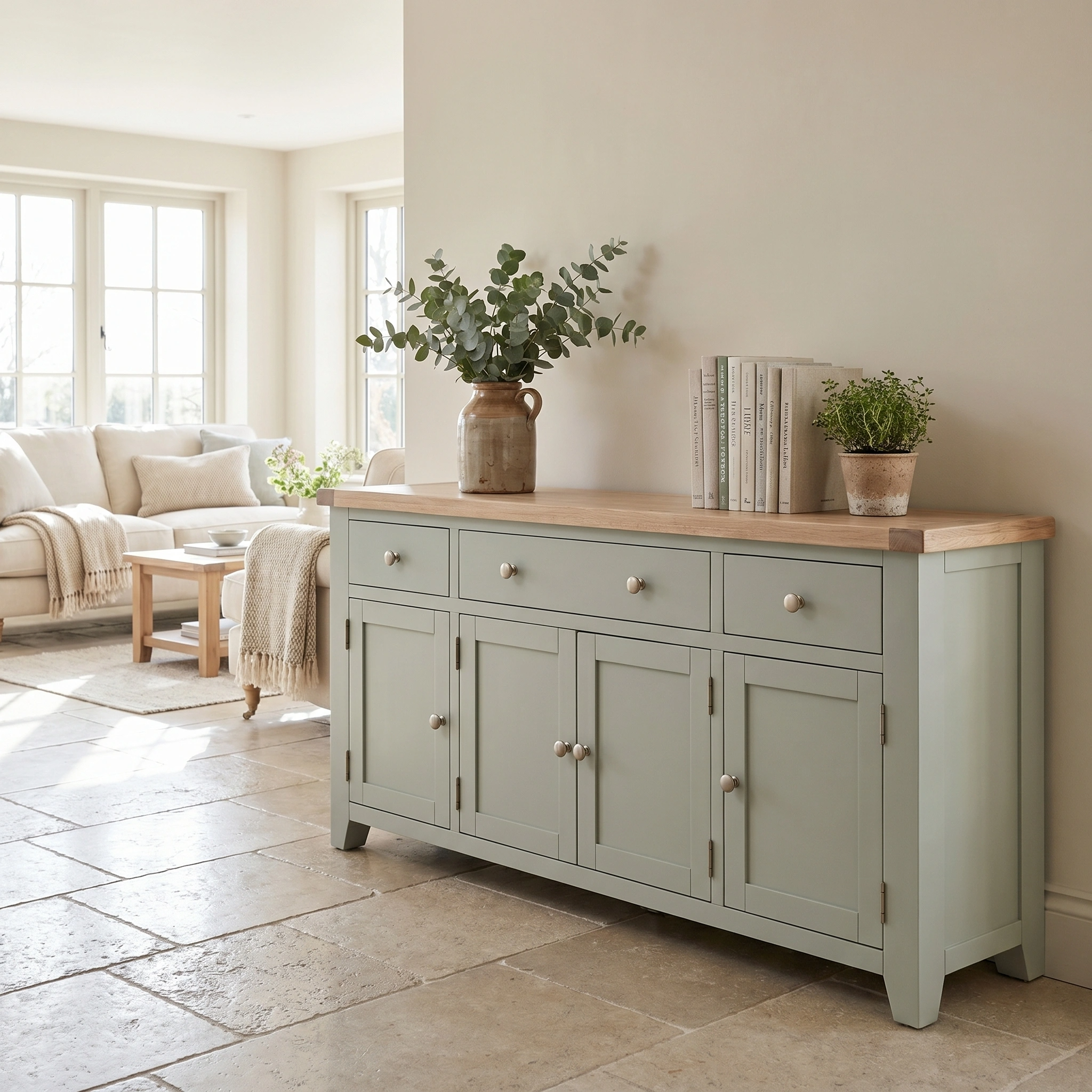 Burford Large 4 Door 3 Drawers Sideboard in Sage Green styled with books, greenery in a vase, and a potted plant in a bright, cozy living room.