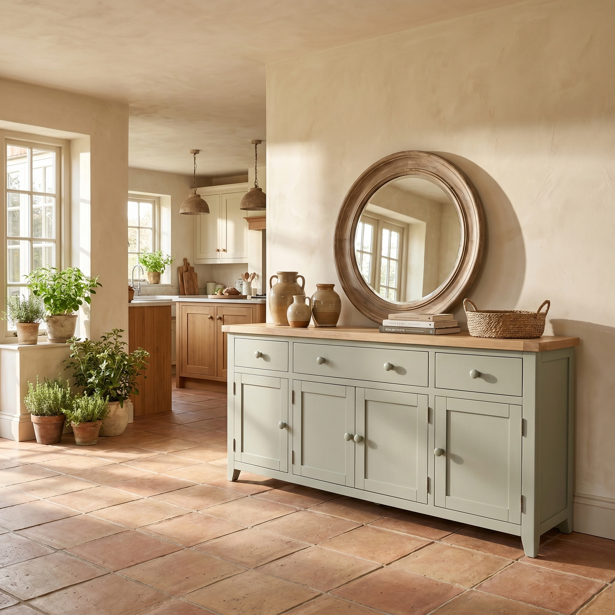 A sunlit kitchen features potted plants, a round mirror on the wall, and the Burford Large 4 Door 3 Drawers Sideboard in Sage Green adding classic charm to the space.