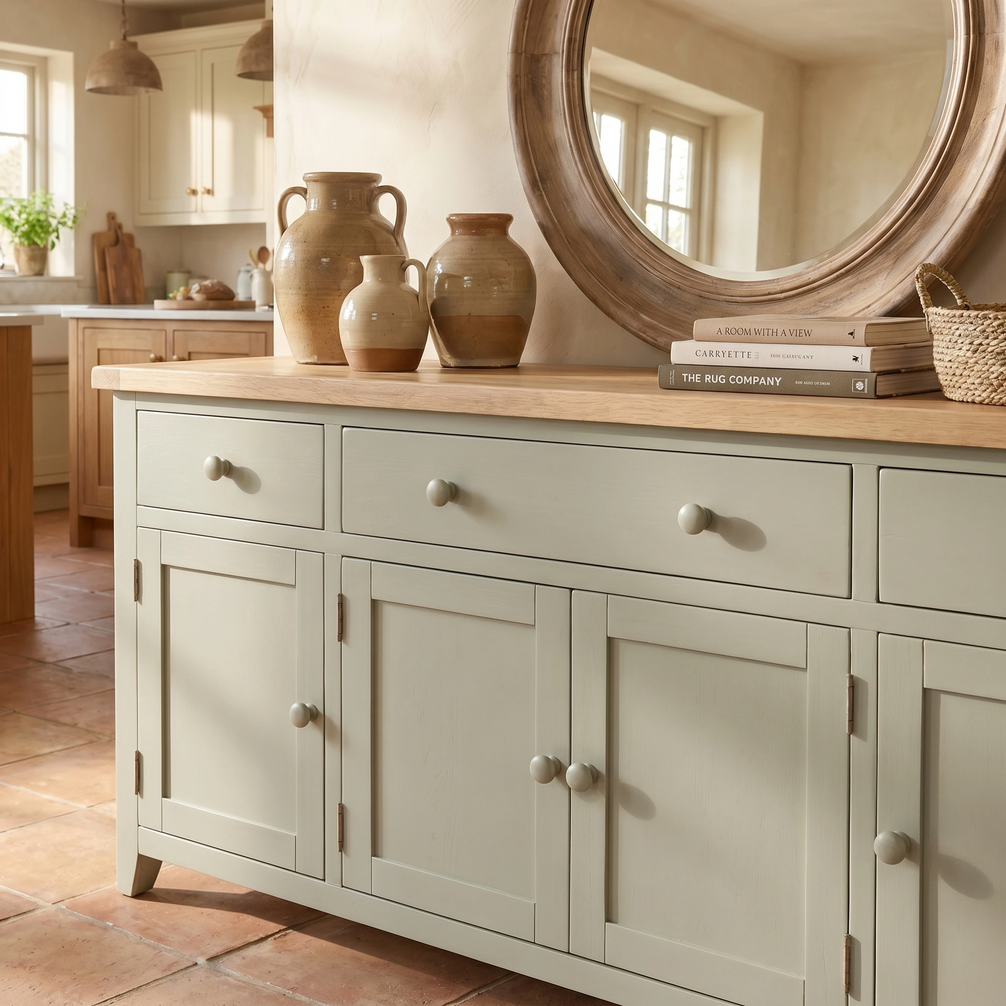 The Burford Large 4 Door 3 Drawers Sideboard in Sage Green, styled with ceramic vases, stacked books, and a round wood mirror, adds classic charm and practical storage to any warm kitchen.