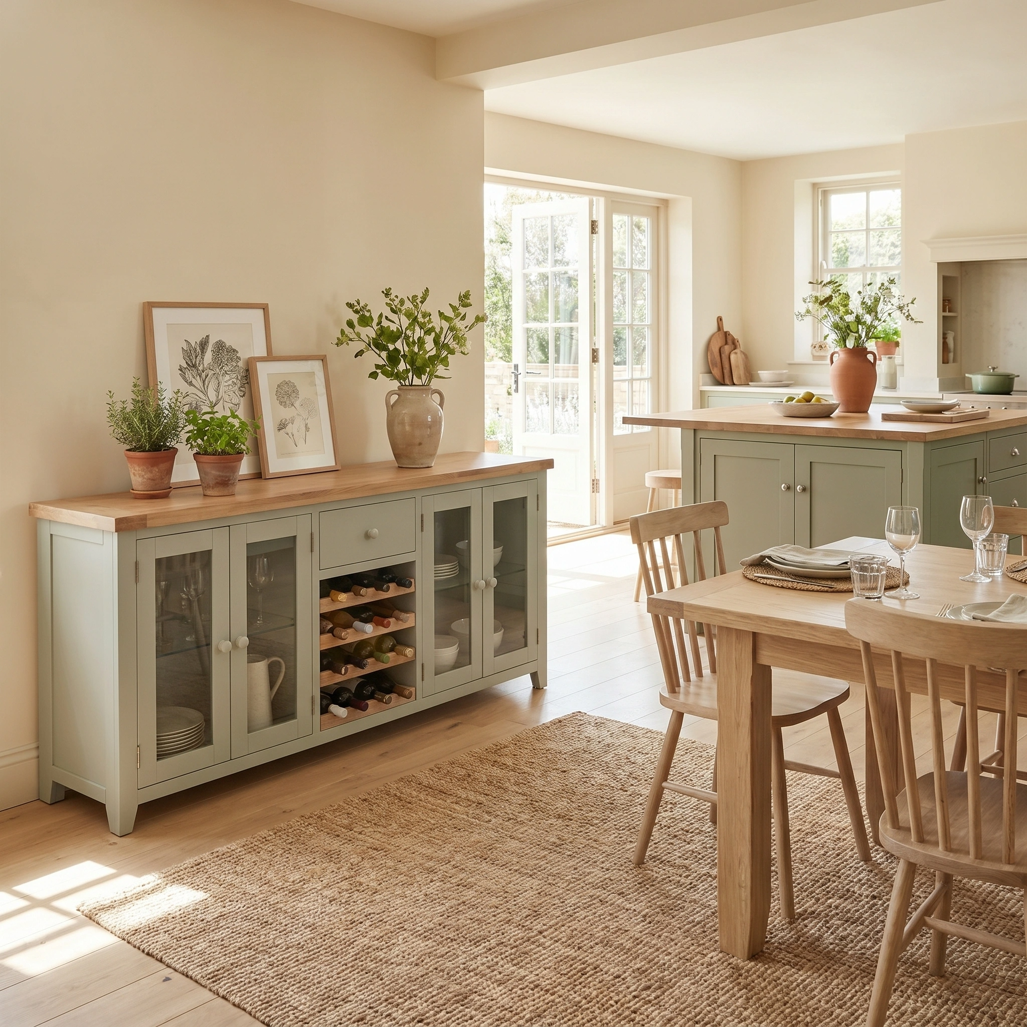 Bright, airy kitchen featuring wooden furniture, potted plants, sunlight streaming through glass doors, and a Burford Grand Sideboard with Wine Rack in Sage Green.