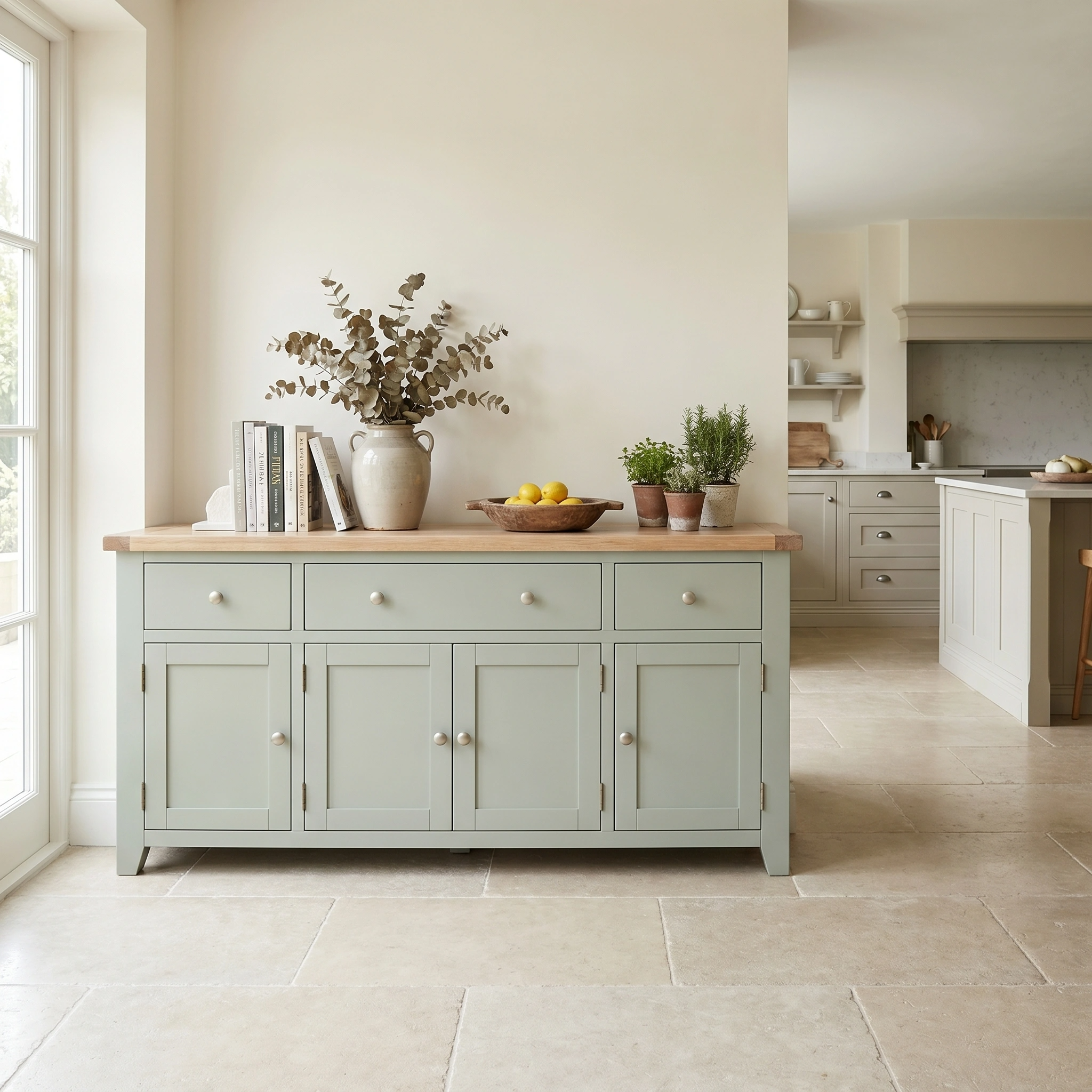 Light-filled kitchen with a sage green sideboard, like the Burford Large 4 Door 3 Drawers Sideboard in Sage Green, adorned with a vase of branches, bowls, and books on a tiled floor.