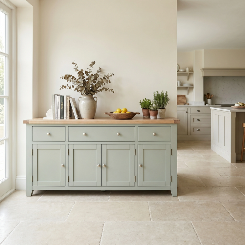 Light-filled kitchen with a sage green sideboard, like the Burford Large 4 Door 3 Drawers Sideboard in Sage Green, adorned with a vase of branches, bowls, and books on a tiled floor.