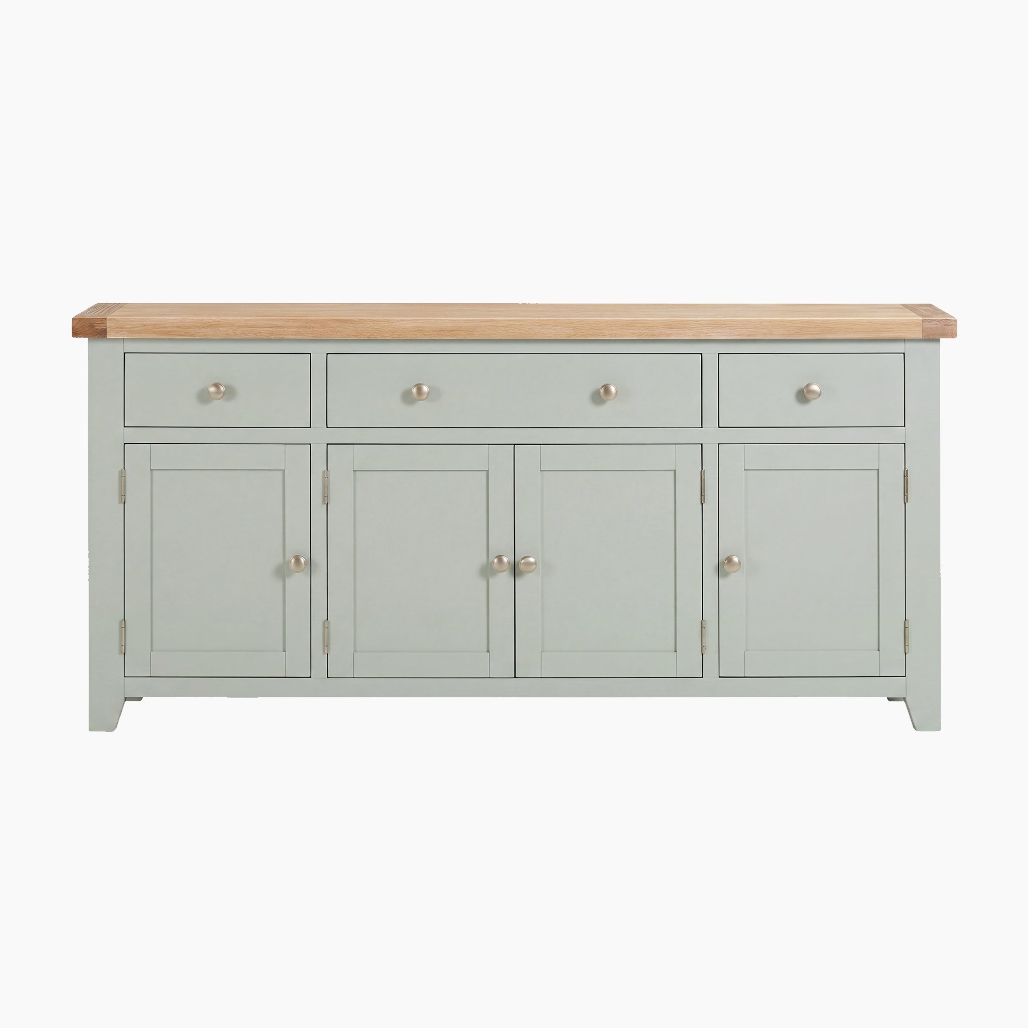 The Burford Large 4 Door 3 Drawers Sideboard in Sage Green features a classic Shaker style with a light sage green finish and light wood top, offering three drawers and four doors for ample storage.