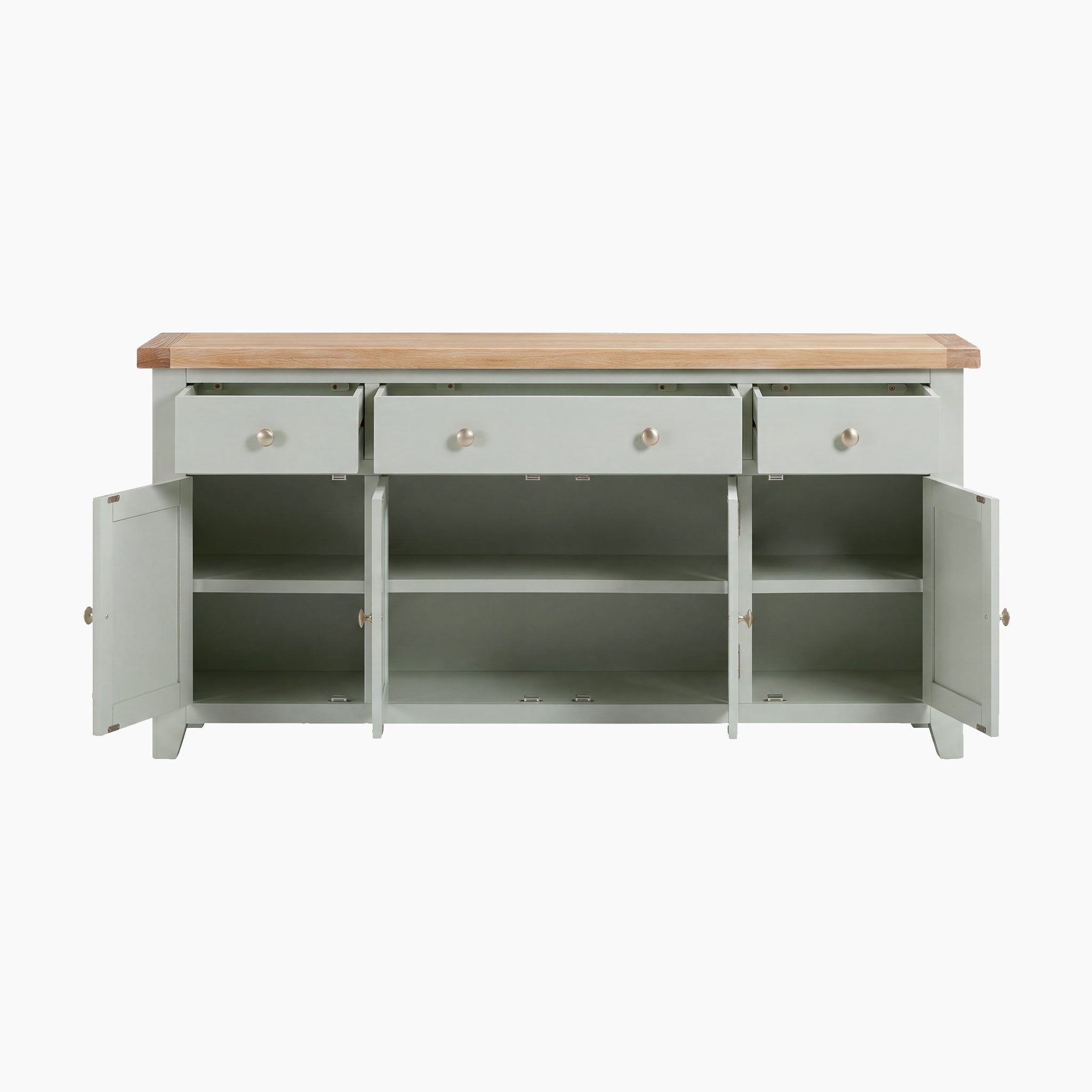 The Burford Large 4 Door 3 Drawers Sideboard in Sage Green features a wooden top, three drawers, and four doors, combining classic style with ample storage.