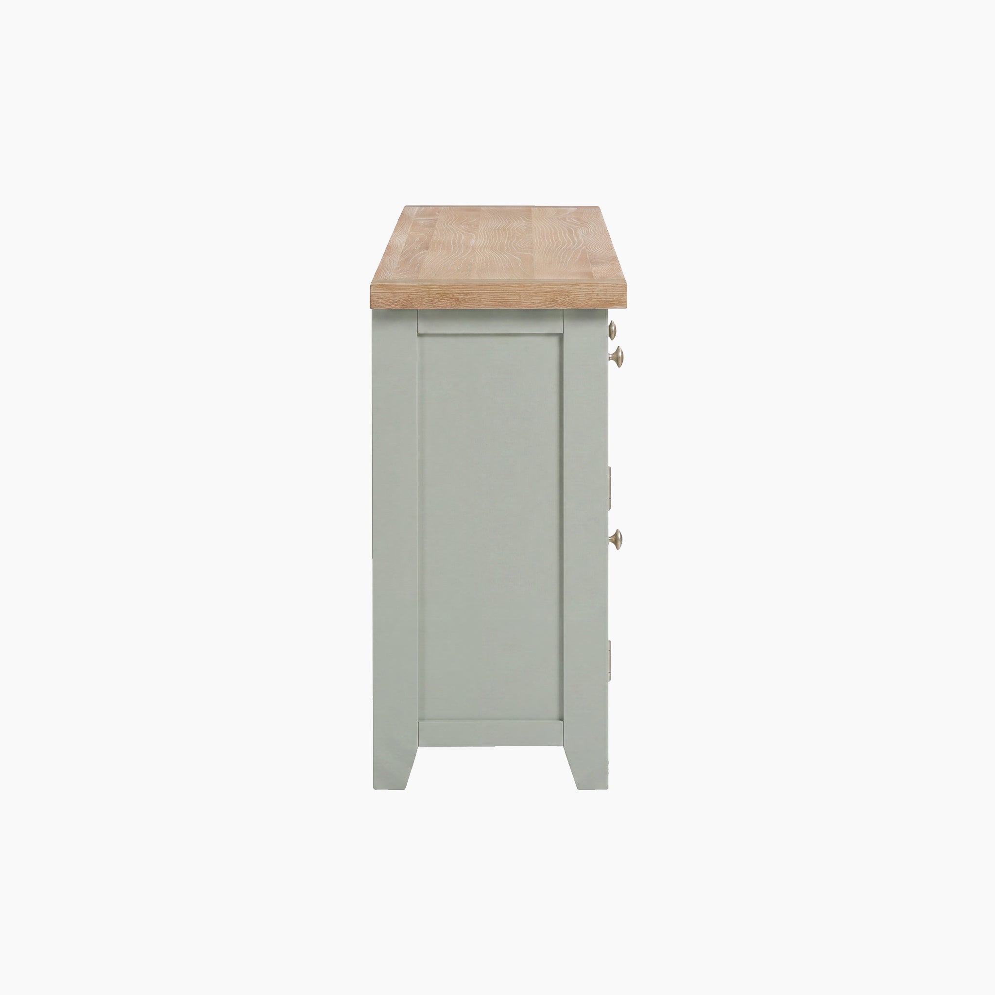 Side view of the Burford Large 4 Door 3 Drawers Sideboard in Sage Green, with a wooden top and three drawer knobs visible on the right.