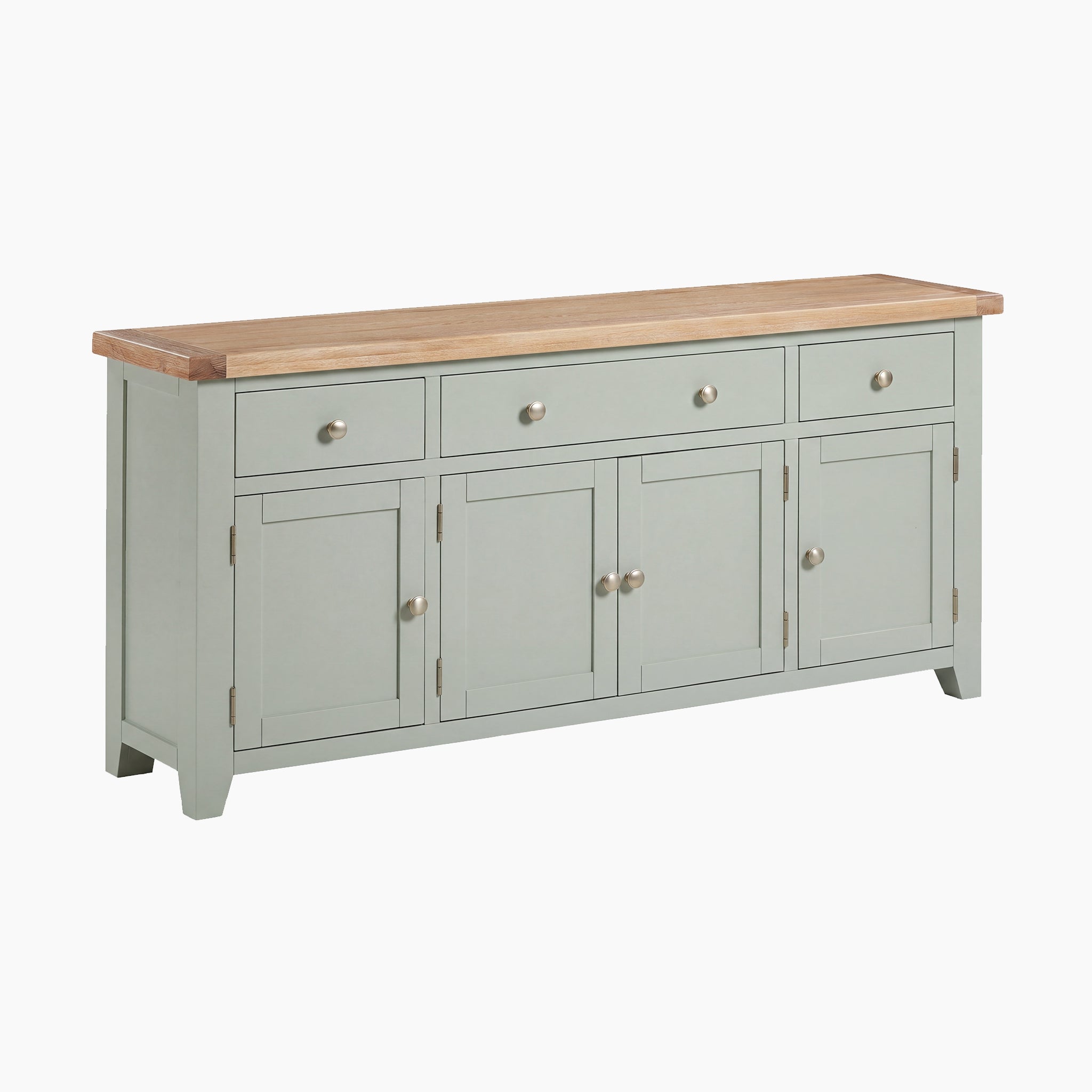 The Burford Large 4 Door 3 Drawers Sideboard in Sage Green features a natural wood top and round metal handles, offering classic Shaker style with ample storage from its three drawers and four doors.