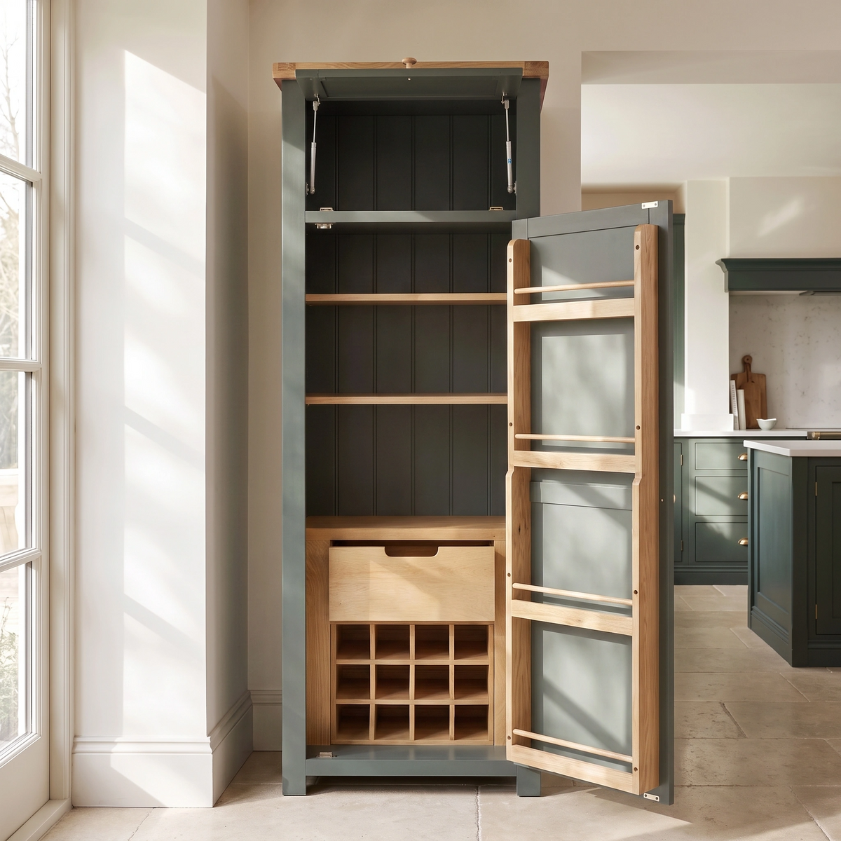a cabinet with open doors in a kitchen