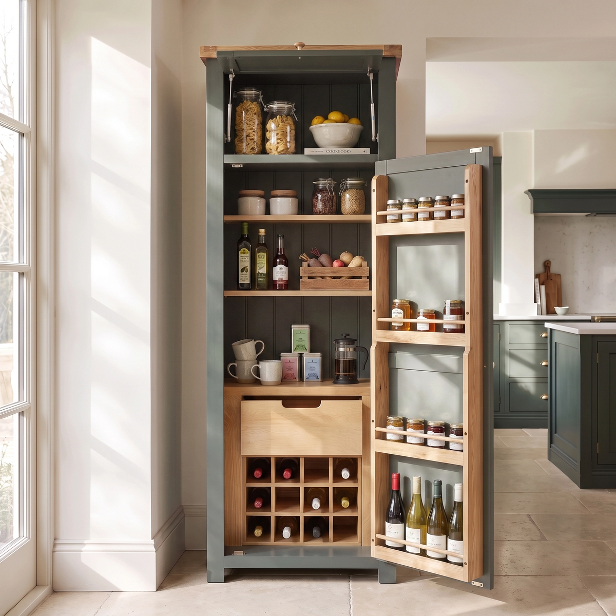 a cabinet with bottles and a shelf