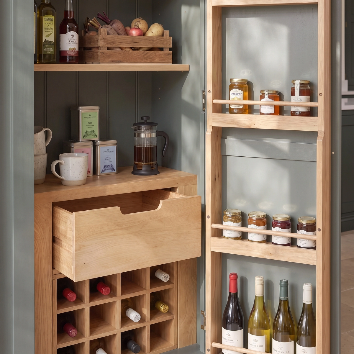 a shelf with bottles and a drawer