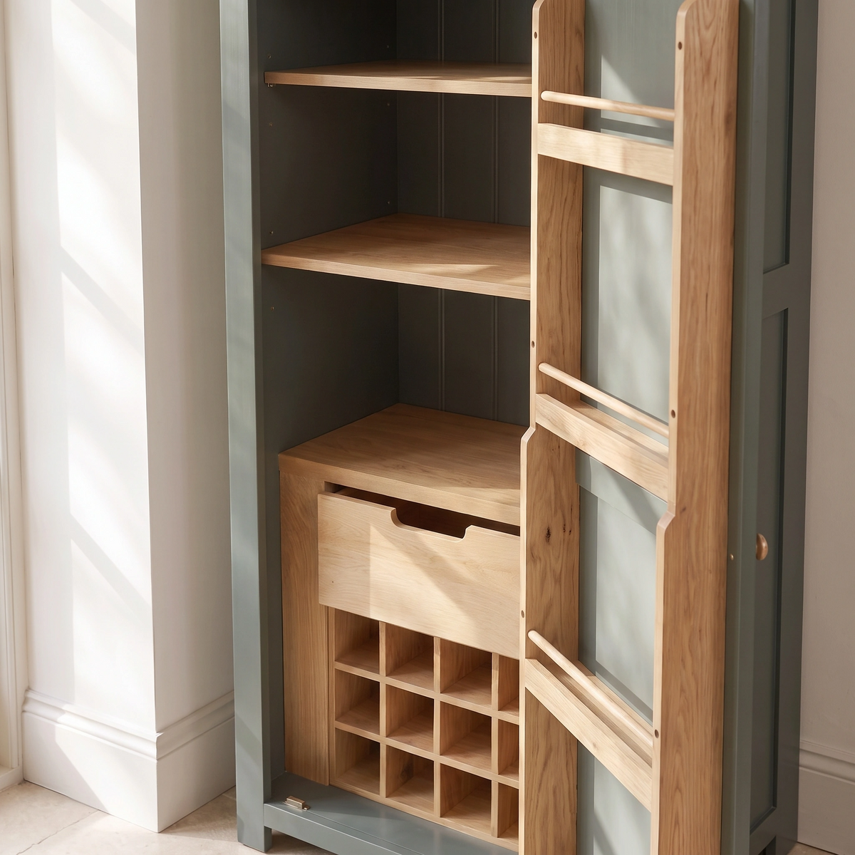 a wooden shelf with shelves