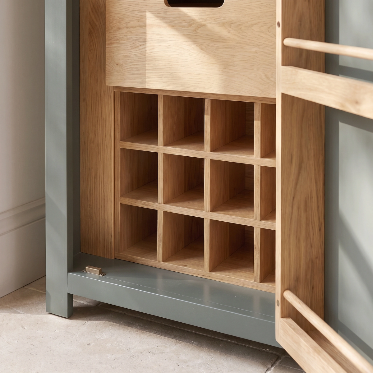 a wooden shelf with a drawer