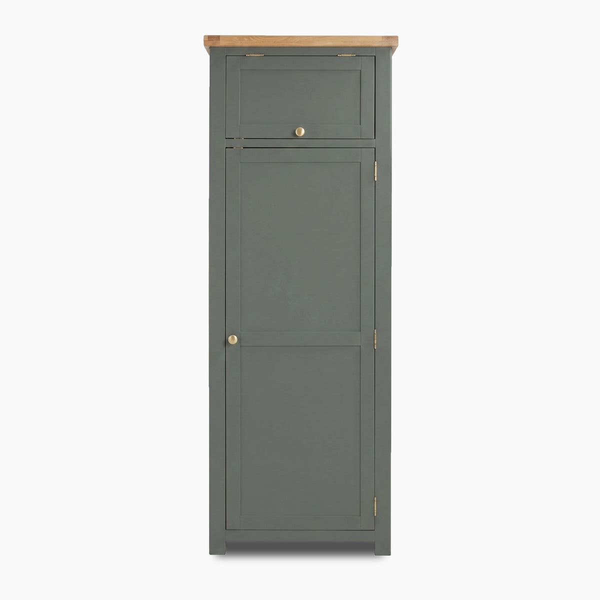 a tall cabinet with a wooden top