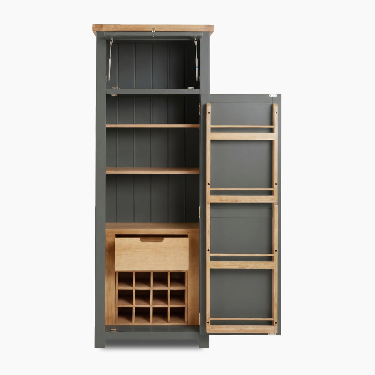 a grey cabinet with a drawer and shelves