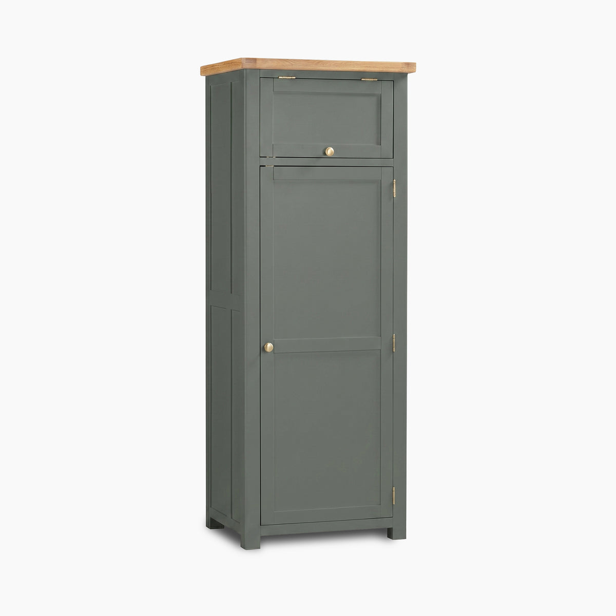 a grey cabinet with a wooden top