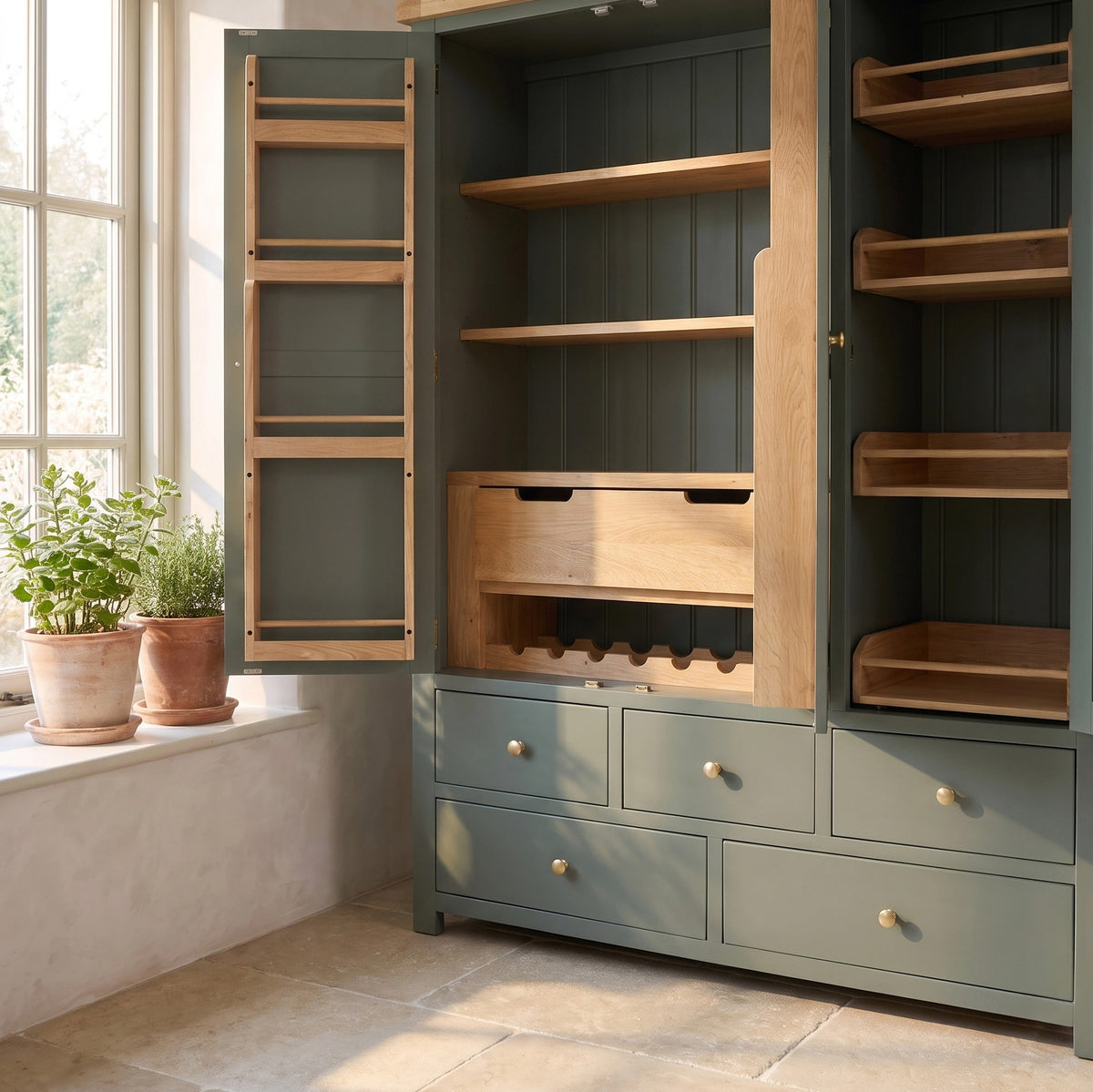 a large cabinet with shelves and a window