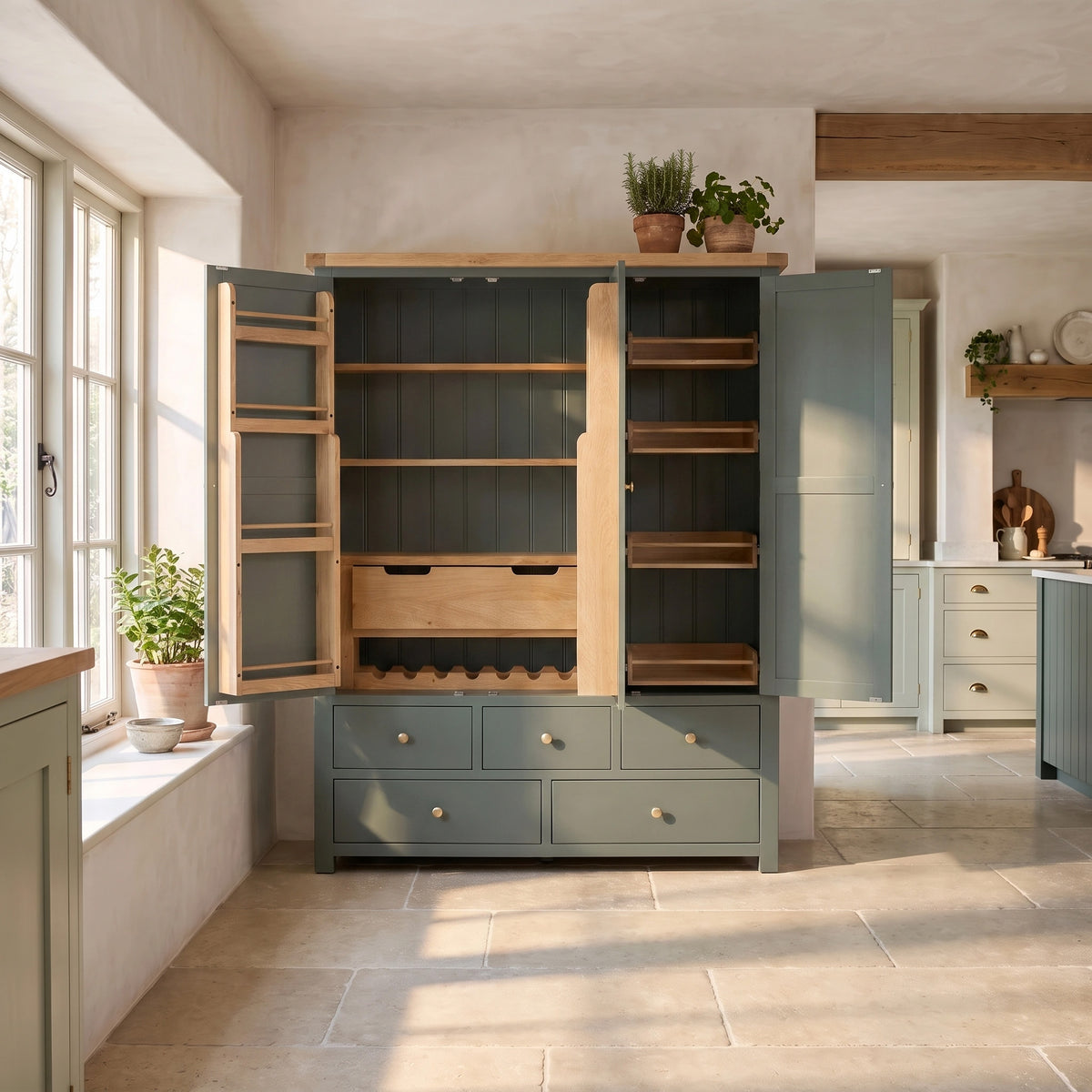 a kitchen with a large open cabinet
