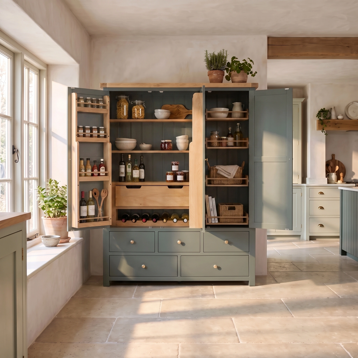 a kitchen with a large open cabinet