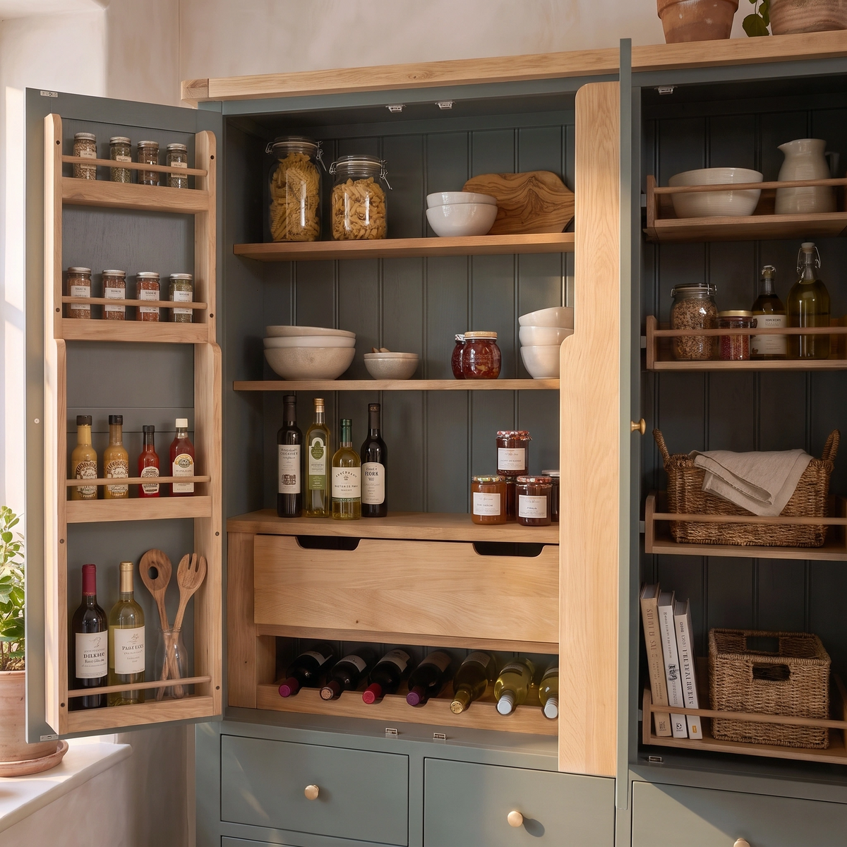 a cabinet with shelves full of food and wine
