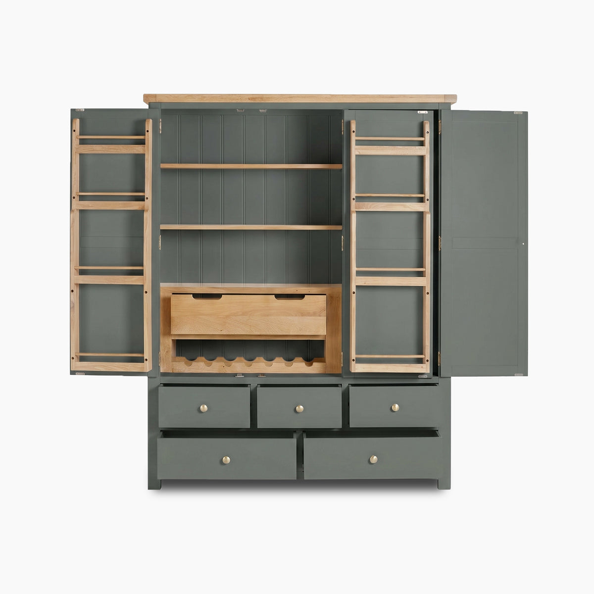 a grey cabinet with open doors