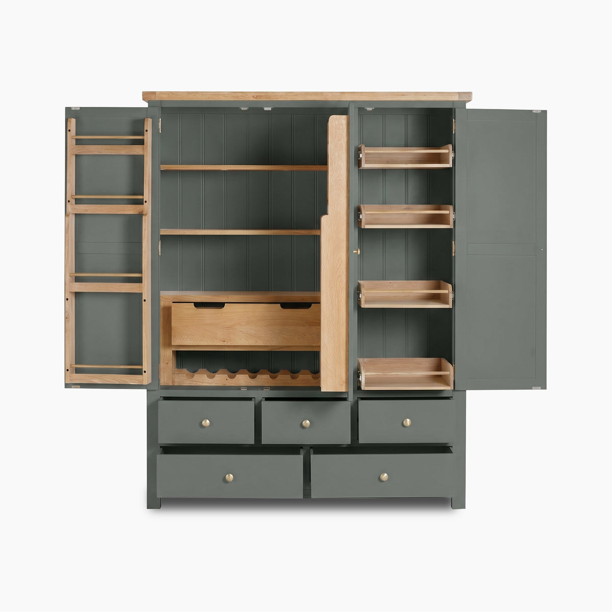 a grey cabinet with open doors