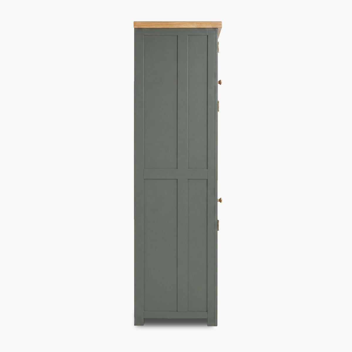 a grey cabinet with a wood top