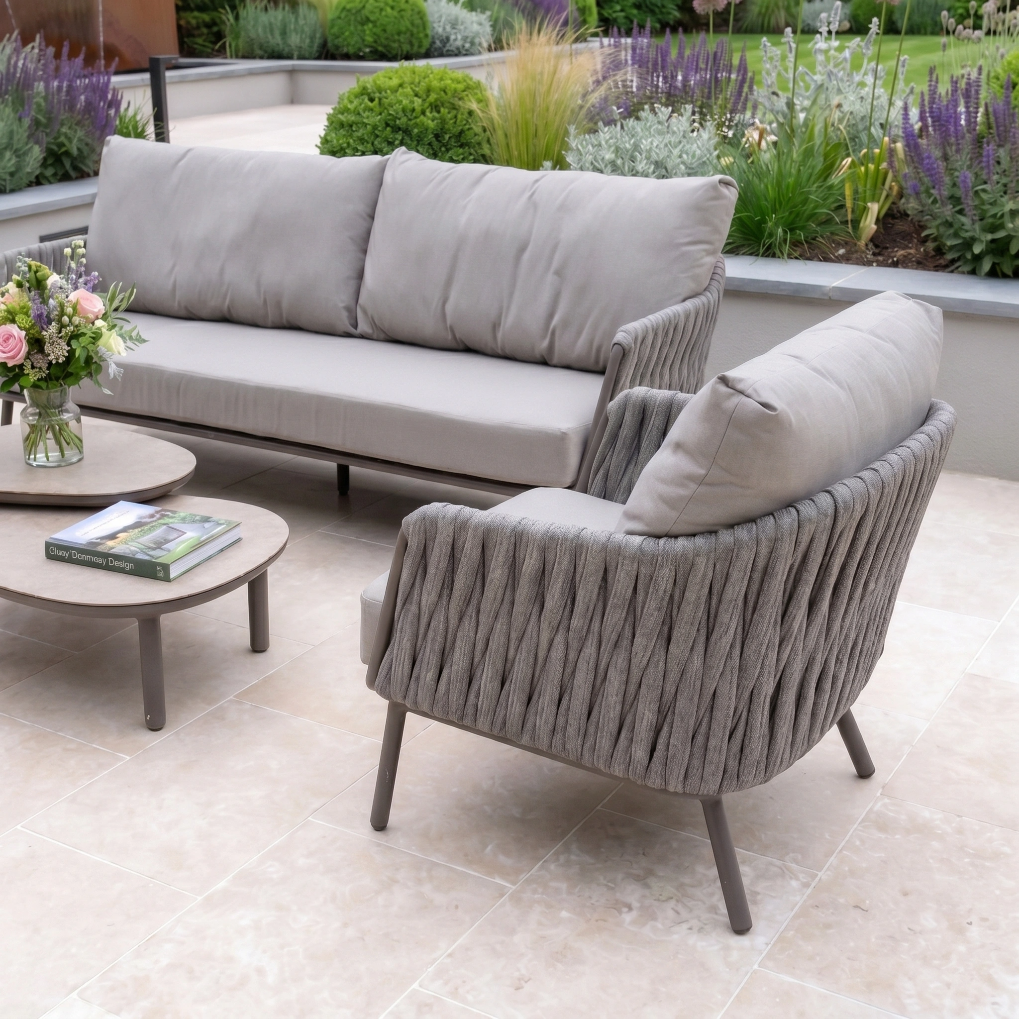 Modern outdoor patio with a stylish Capri 3 Seat Sofa Set in Stone Grey, cushioned armchair, tables, flowers, and a book on tiled flooring—perfect contemporary garden furniture for relaxing outdoors.
