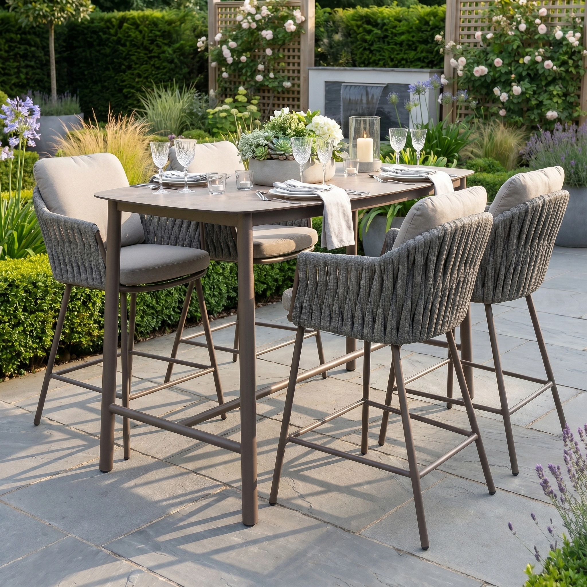 The Capri 4 Seat High Rectangular Dining Set in Stone Grey, with cushioned chairs and table, is arranged in a lush garden for an inviting outdoor dining experience.