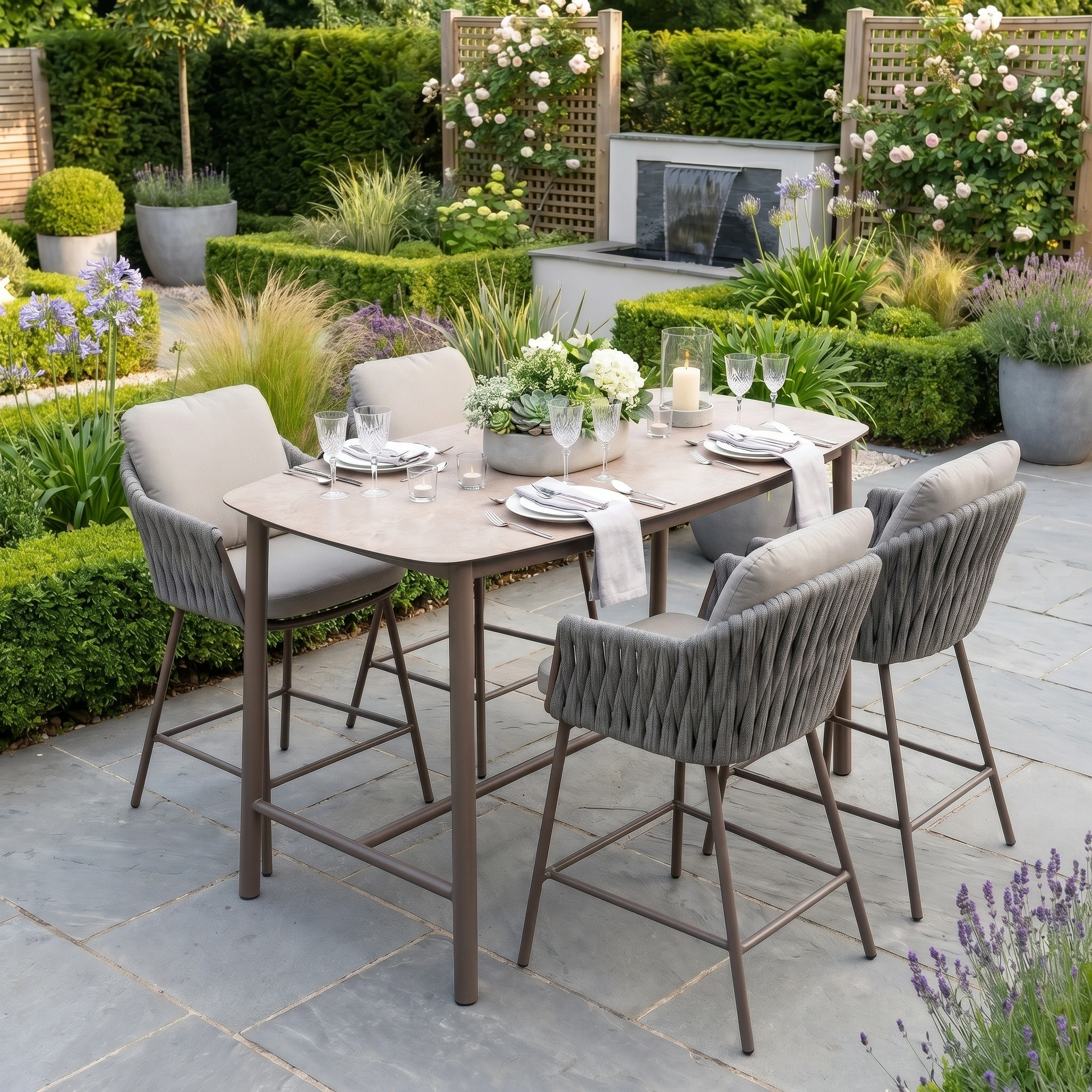 Dine outdoors in style with the Capri 4 Seat High Rectangular Dining Set in Stone Grey, featuring four chairs and a spacious table—perfect for garden gatherings amid flowers and greenery.