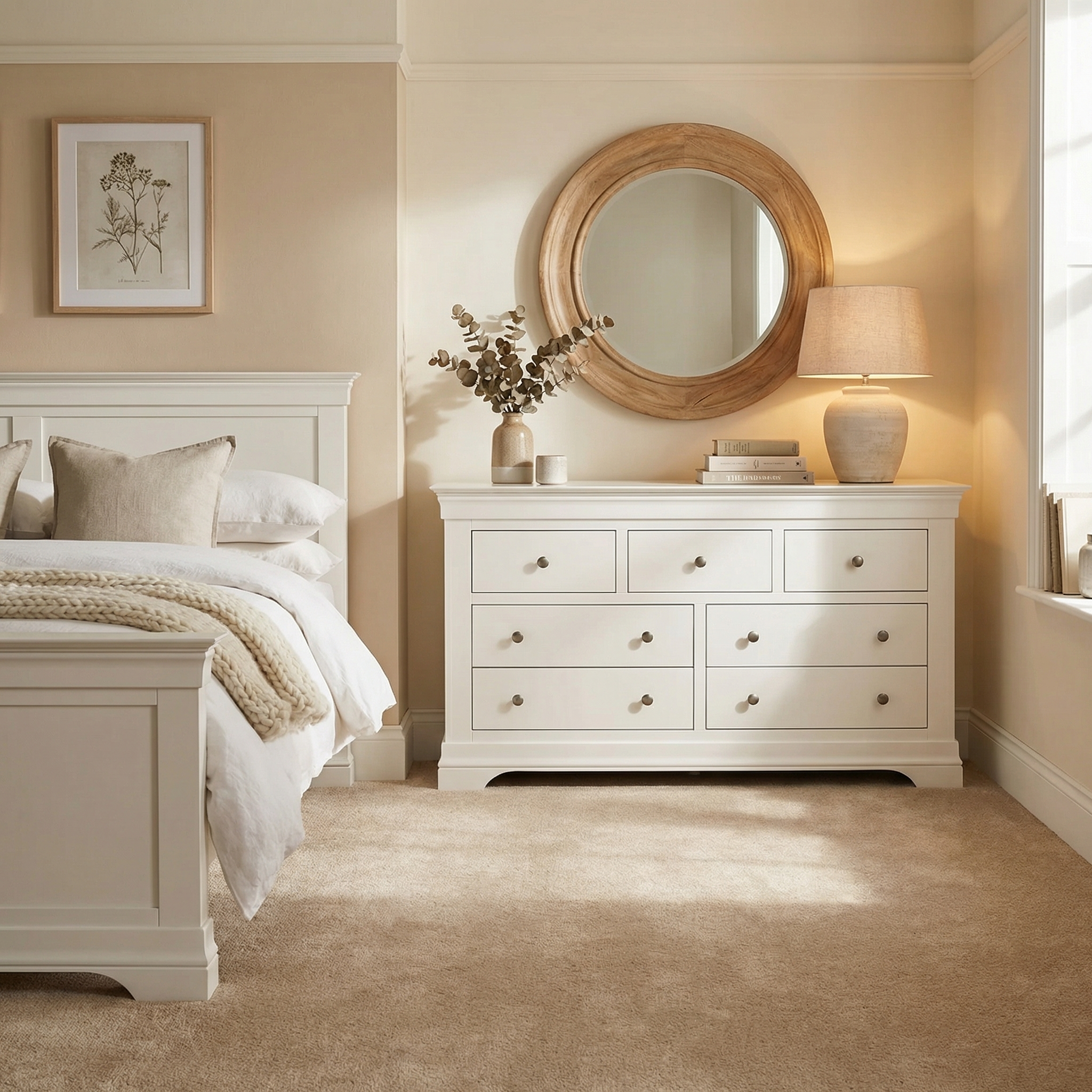Bright bedroom with white furniture, a Chalbury 3 Over 4 Chest of Drawers in Warm White, round mirror, table lamp, and neutral decor bathed in soft natural light.