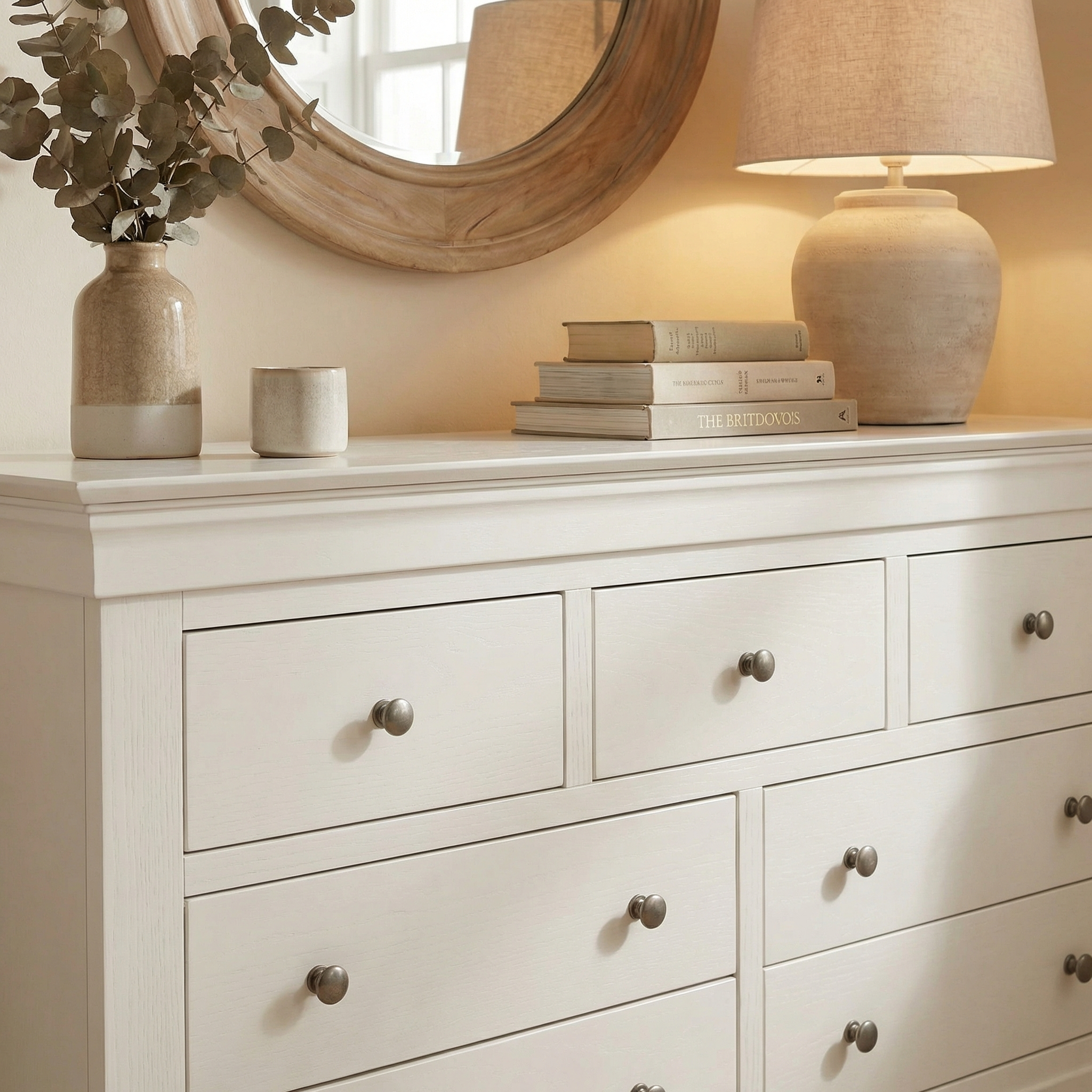 A Chalbury 3 Over 4 Chest of Drawers in Warm White, styled with books, a lamp, a vase with leaves on top, and a round mirror hanging above.