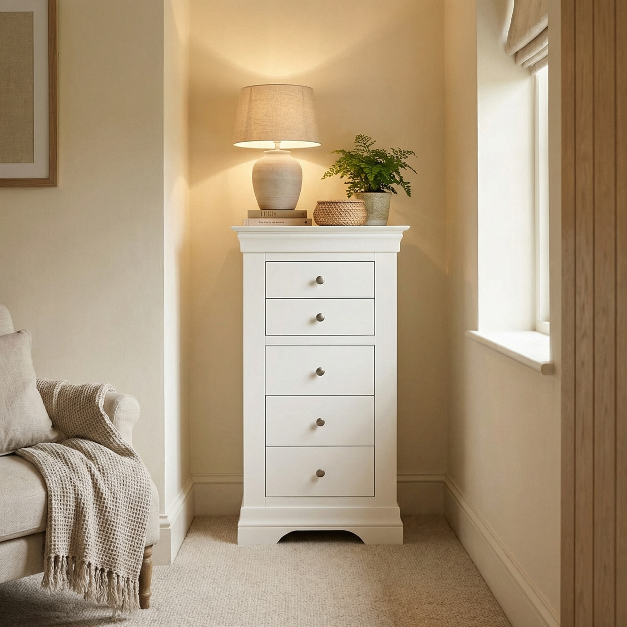 The Chalbury 5 Chest of Drawers in Warm White offers stylish bedroom storage with five drawers, shown topped with a lamp and plants next to a beige sofa in a cozy room.