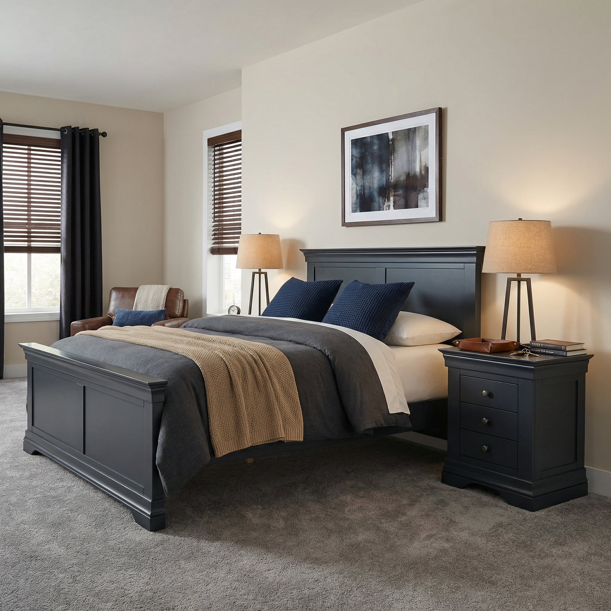 A modern bedroom with a dark wood bed, neutral bedding on a gray carpet, and ample storage, featuring Chalbury 3 Drawer Bedside Tables in Dusky Black for added style and functionality.