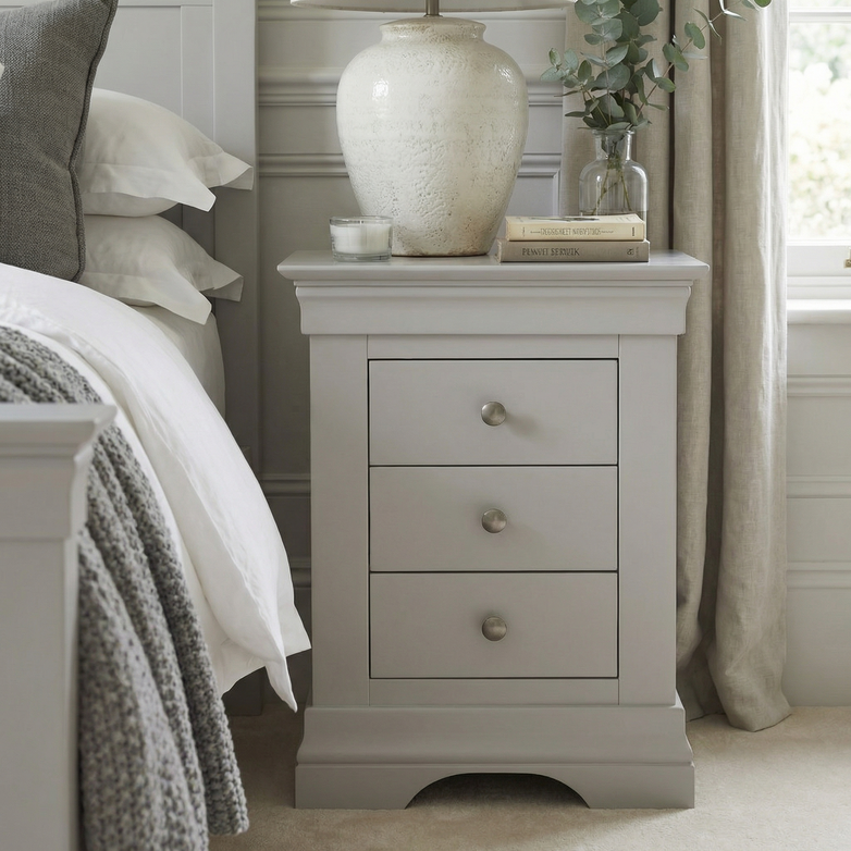 The Chalbury 3 Drawer Bedside Table in Pebble Grey, styled with a lamp, books, and a plant beside a tidy bed, is perfect for bringing modern flair to your room.