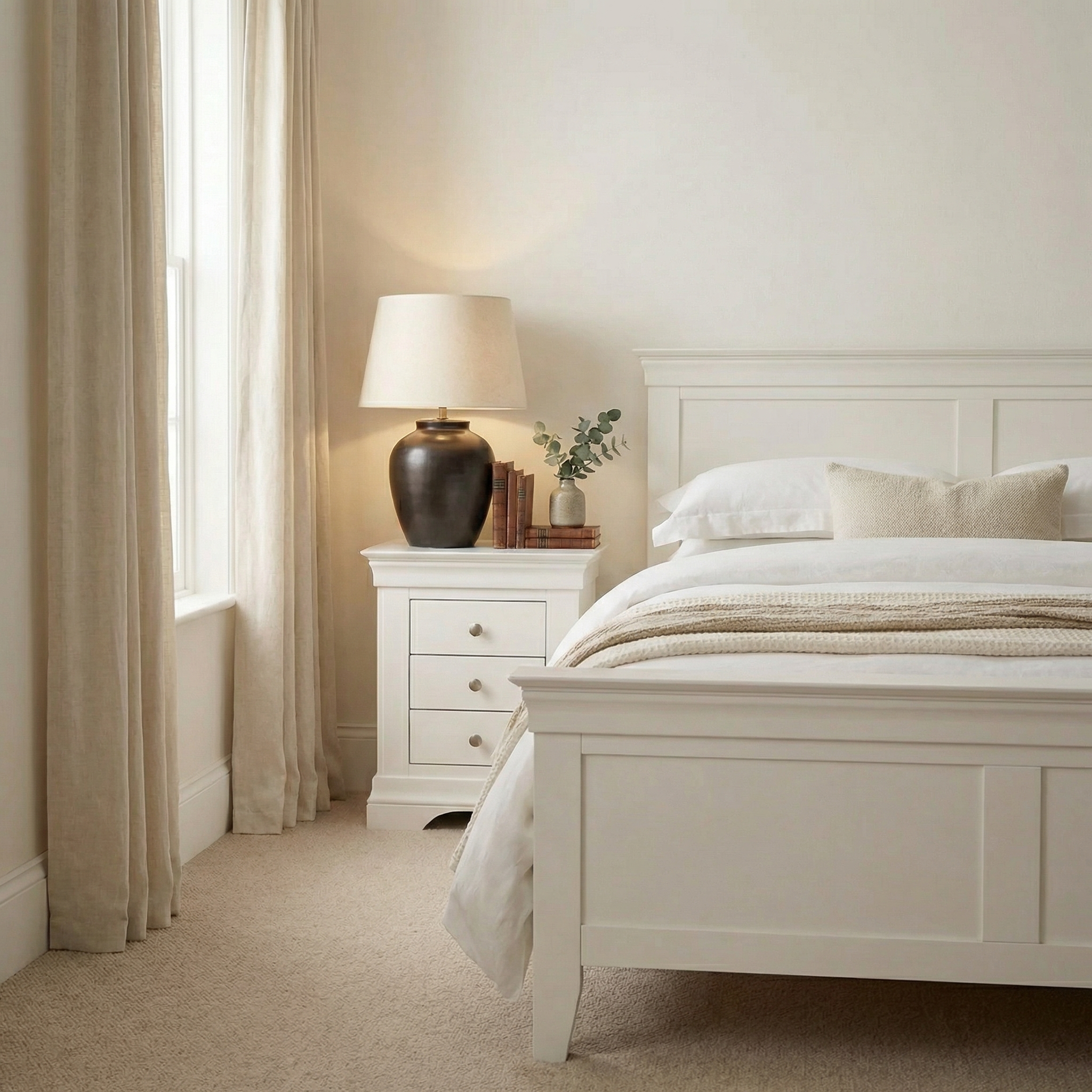 A bright, neutral bedroom features a white bed and furniture, including the Chalbury 3 Drawer Bedside Table in Warm White, a lamp, books, and a small plant for a cozy touch.