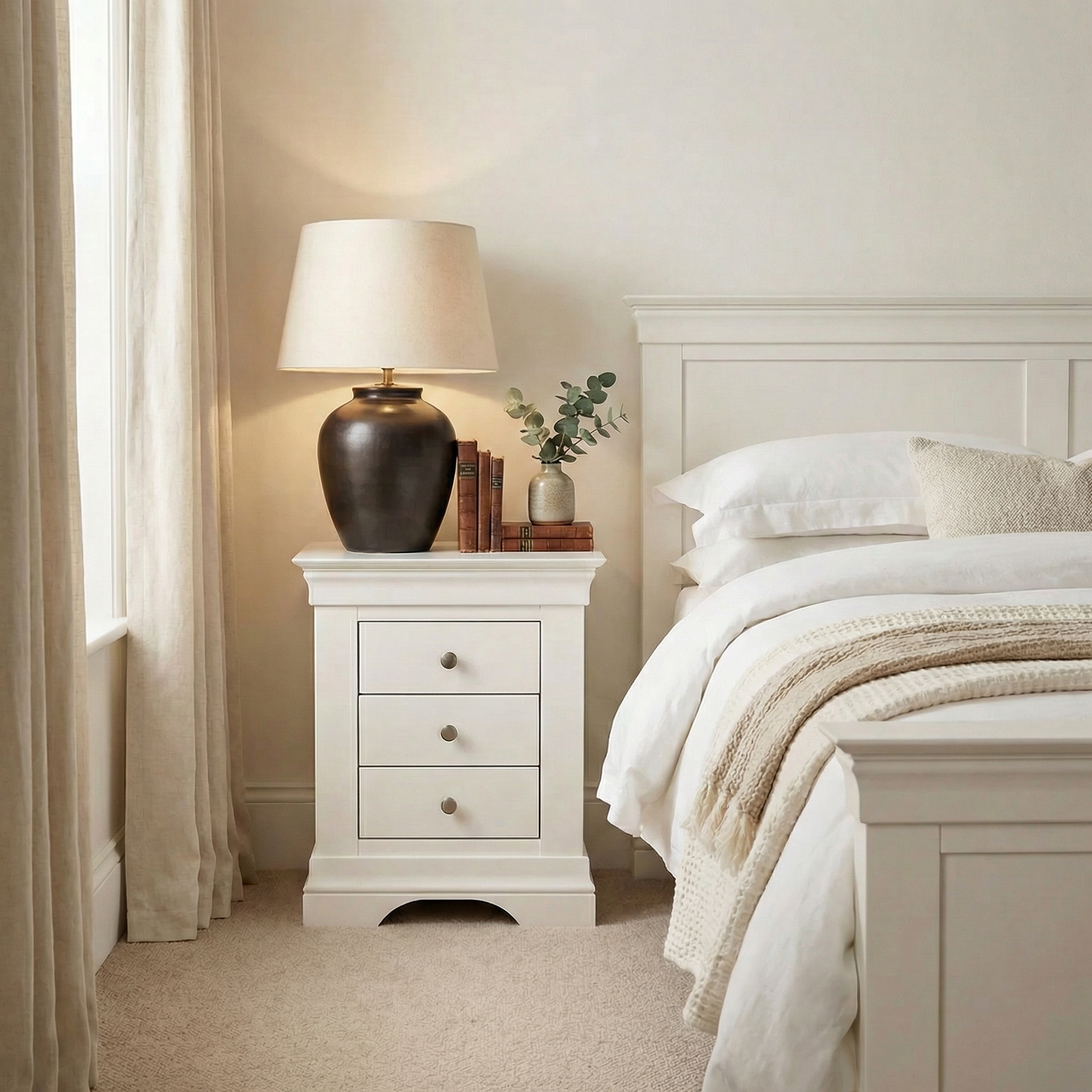 The Chalbury 3 Drawer Bedside Table in Warm White sits beside a neatly made bed, styled with a lamp, books, and a small plant to add charm and function to your neutral-toned bedroom décor.