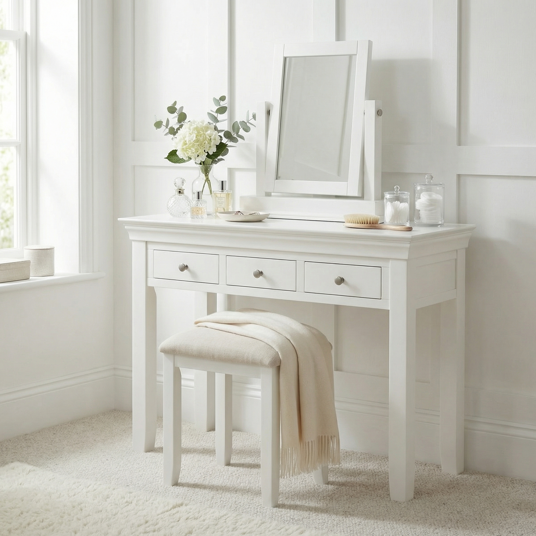 The Chalbury Console Desk in Warm White features a mirror, stool, and storage for flowers, brushes, and jars—use it as a chic vanity table or transform it into a sleek modern console desk for your home office.