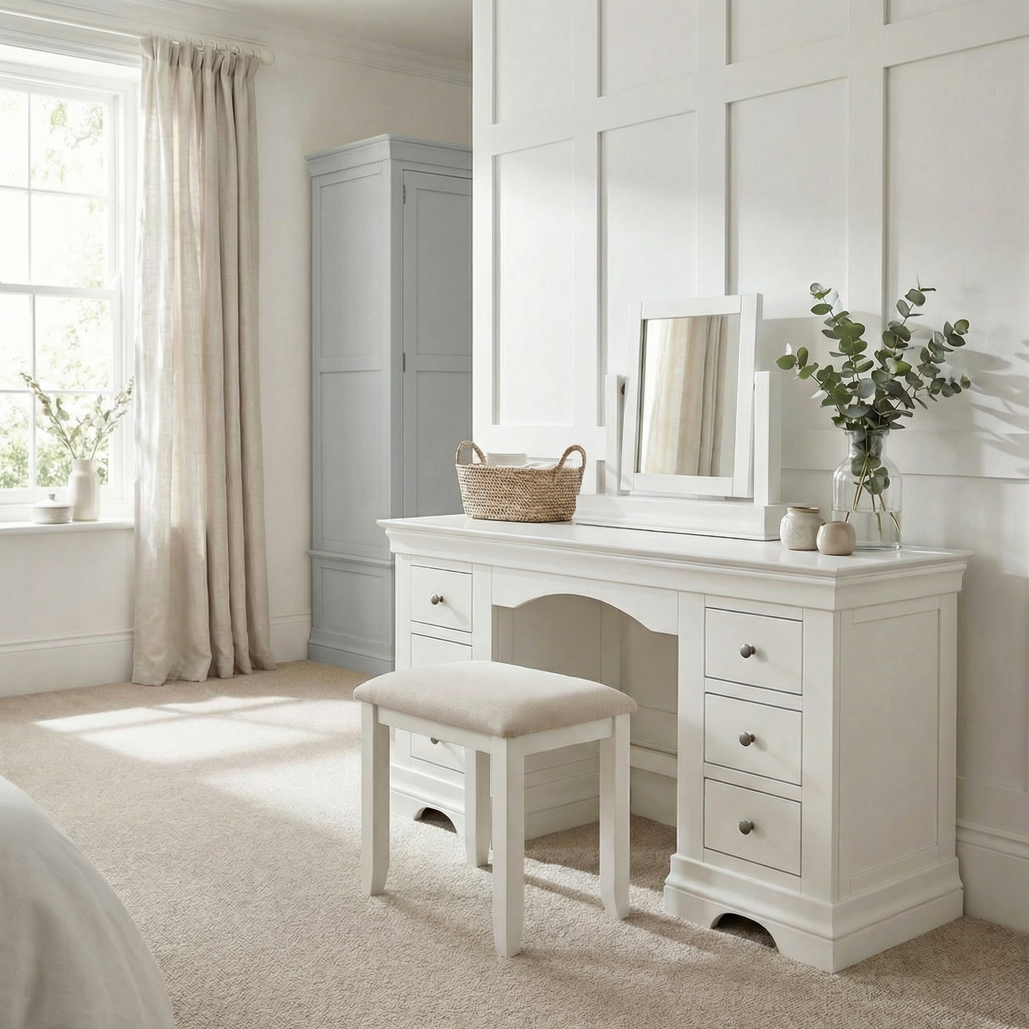 The Chalbury Dressing Table with Drawers in Warm White features a mirror and cushioned stool, offering stylish vanity and functional console desk use for bright, airy bedrooms filled with natural light.