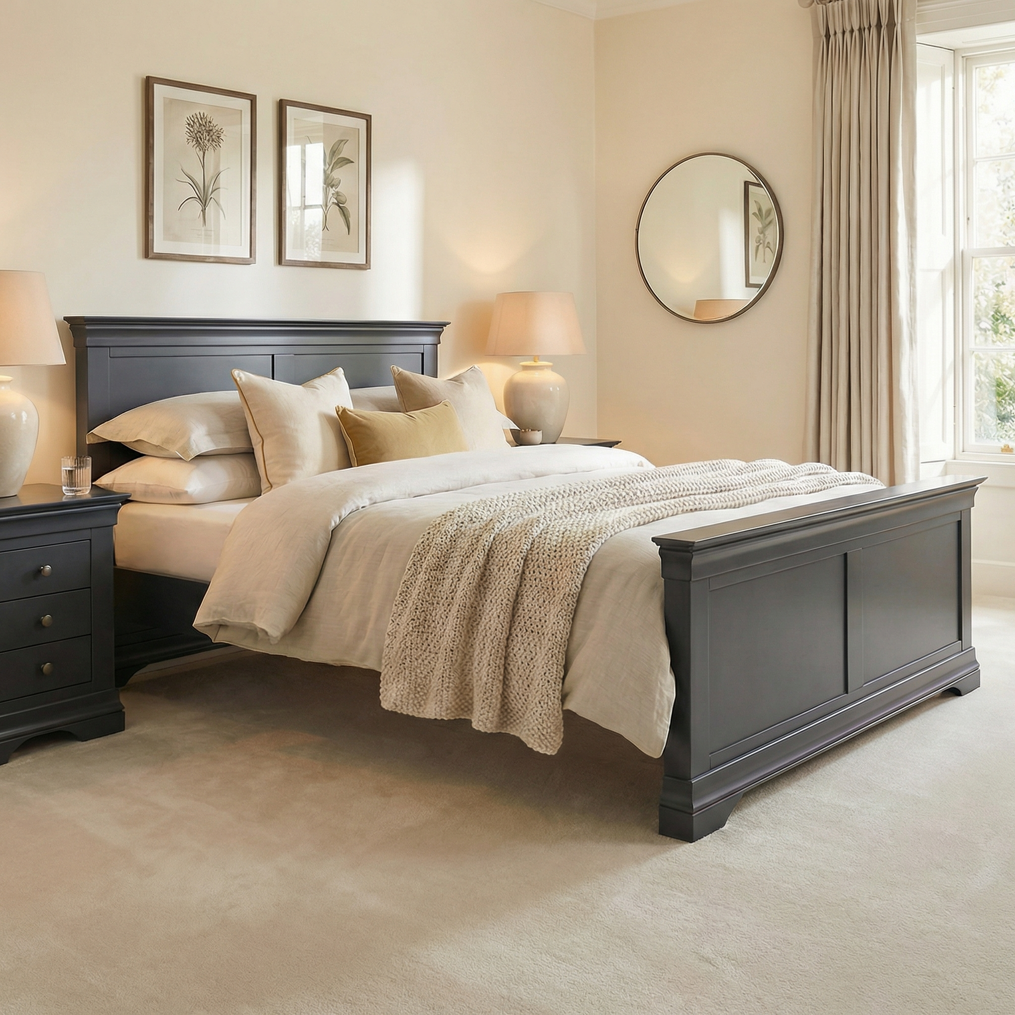 Elegant bedroom featuring the Chalbury 5ft High-End Kingsize Bed Frame in Dusky Black, beige bedding, framed art, and a round mirror by a sunlit window.
