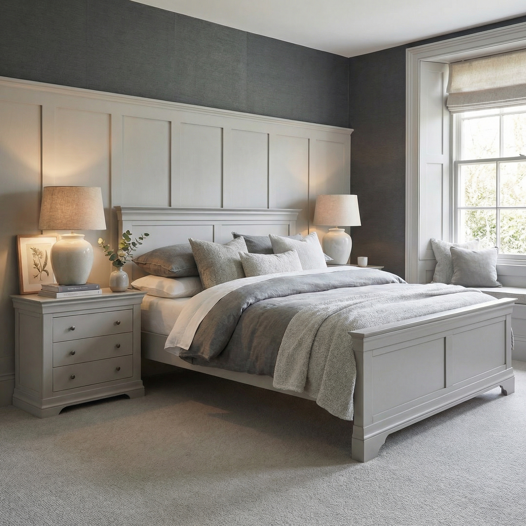 Elegant bedroom featuring the Chalbury 5ft High-End Kingsize Bed Frame in Pebble Grey, complemented by gray bedding, two bedside tables, lamps, and a window letting in natural light.