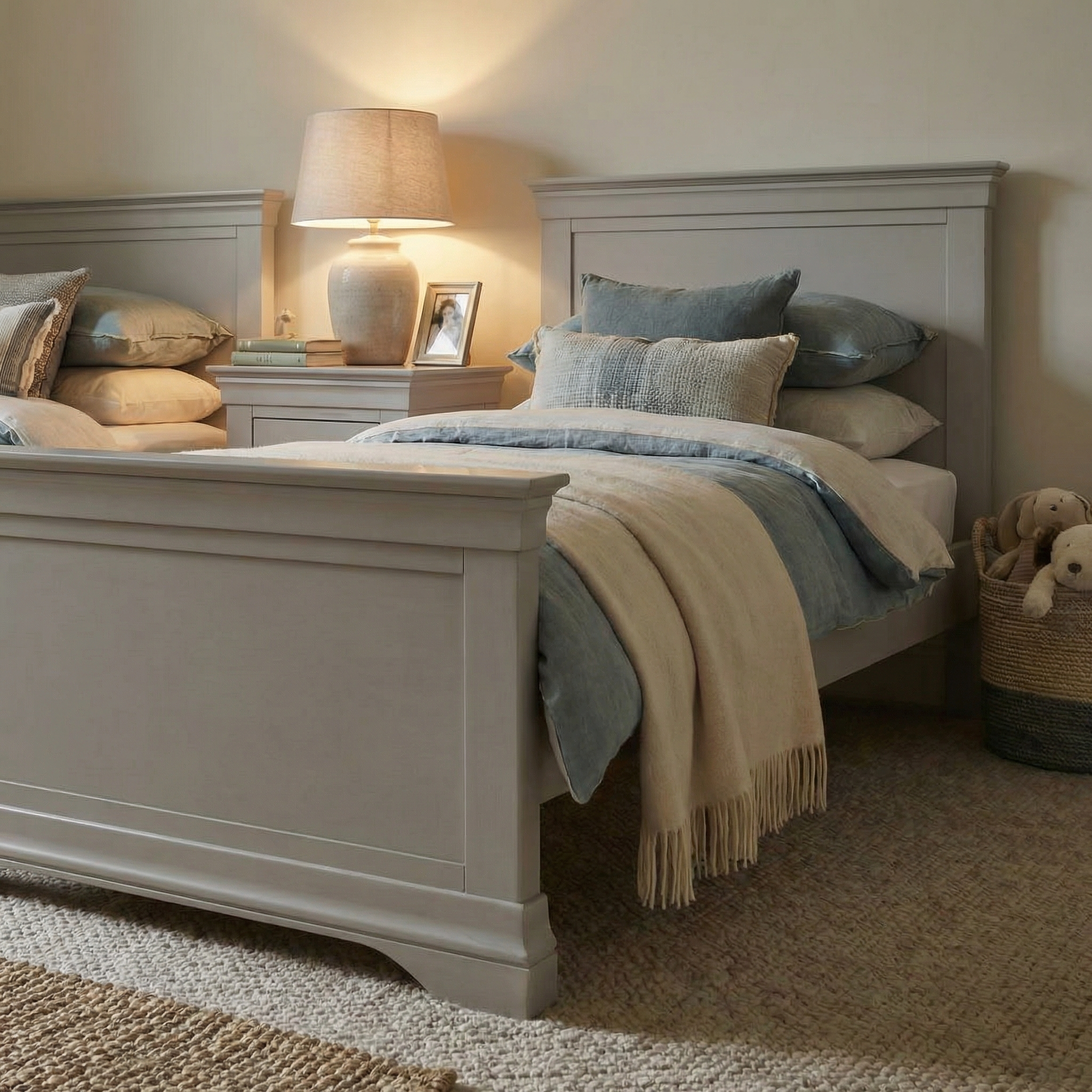 Two Chalbury 3ft High-End Single Bed Frames in Pebble Grey, along with coordinated bedding, a lamp, and a basket of stuffed animals, create a cozy bedroom retreat.