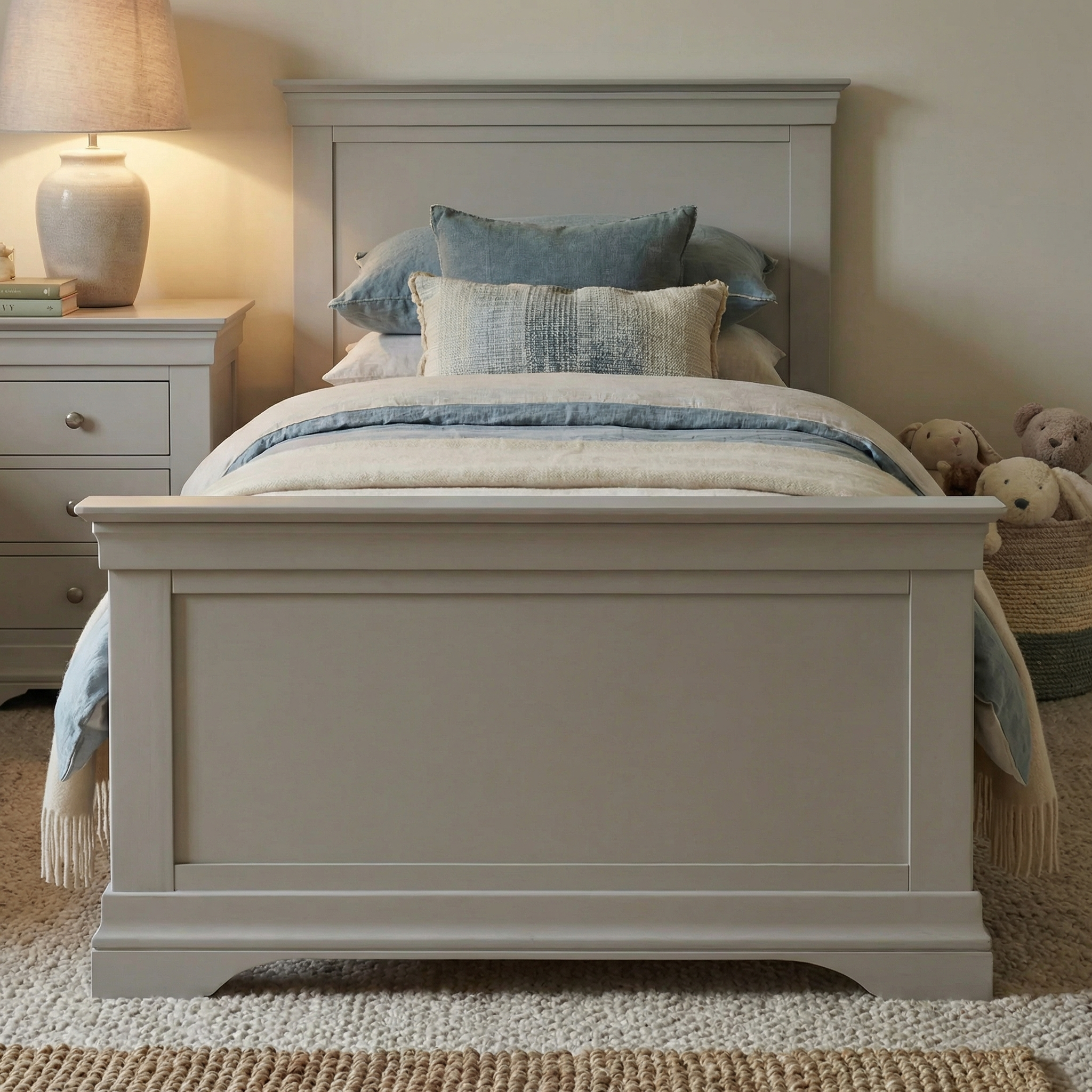 A neatly made bed with blue and beige bedding on the Chalbury 3ft High-End Single Bed Frame in Pebble Grey, next to a nightstand, lamp, and a basket of stuffed animals.