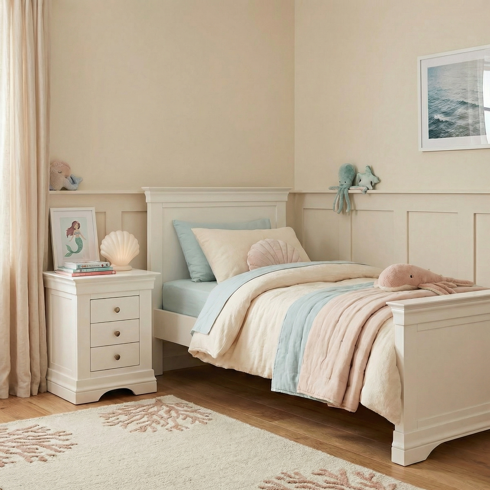 A cozy, cream-colored bedroom with a neatly made bed and soft bedding, plus a nightstand with a lamp, all centered around the elegant Chalbury 3ft High-End Single Bed Frame in Warm White.