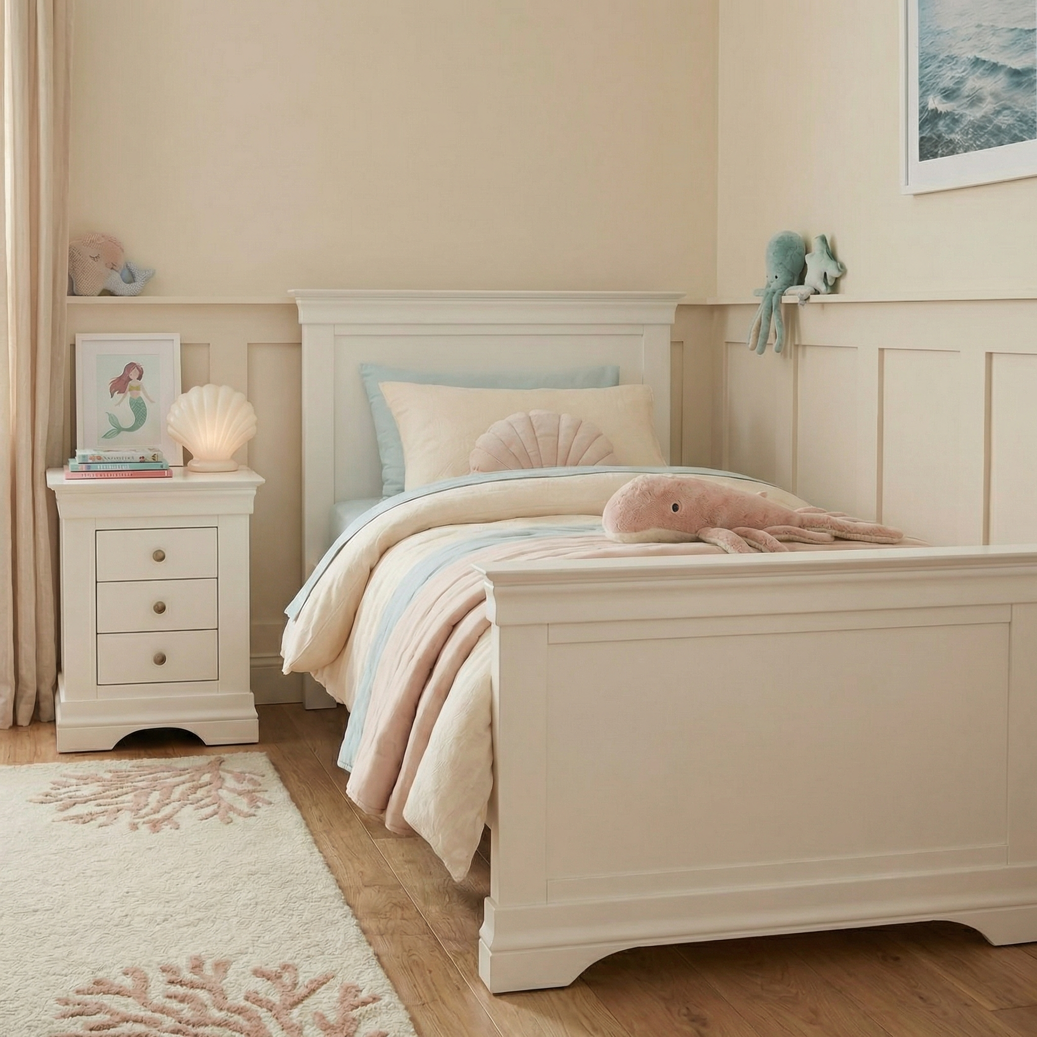 A cozy, pastel-themed bedroom featuring the Chalbury 3ft High-End Single Bed Frame in Warm White, plush sea animal toys, and charming seashell decor accents.