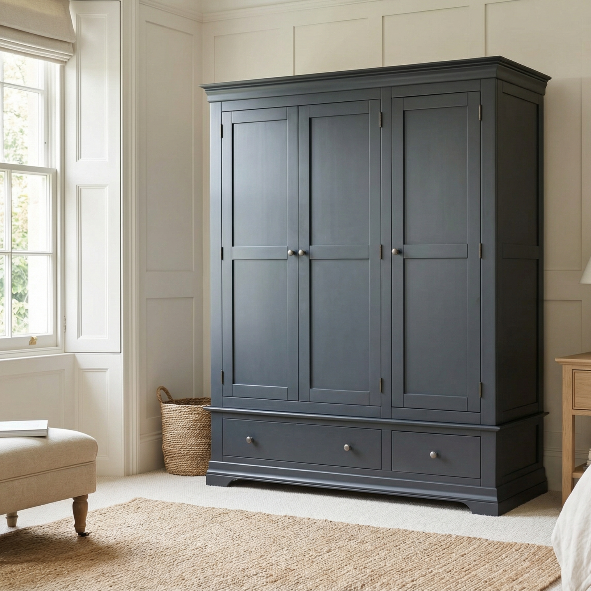 The Chalbury Triple Wardrobe in Dusky Black, featuring three doors and two drawers, adds refined contemporary style to a bright, neutral bedroom.
