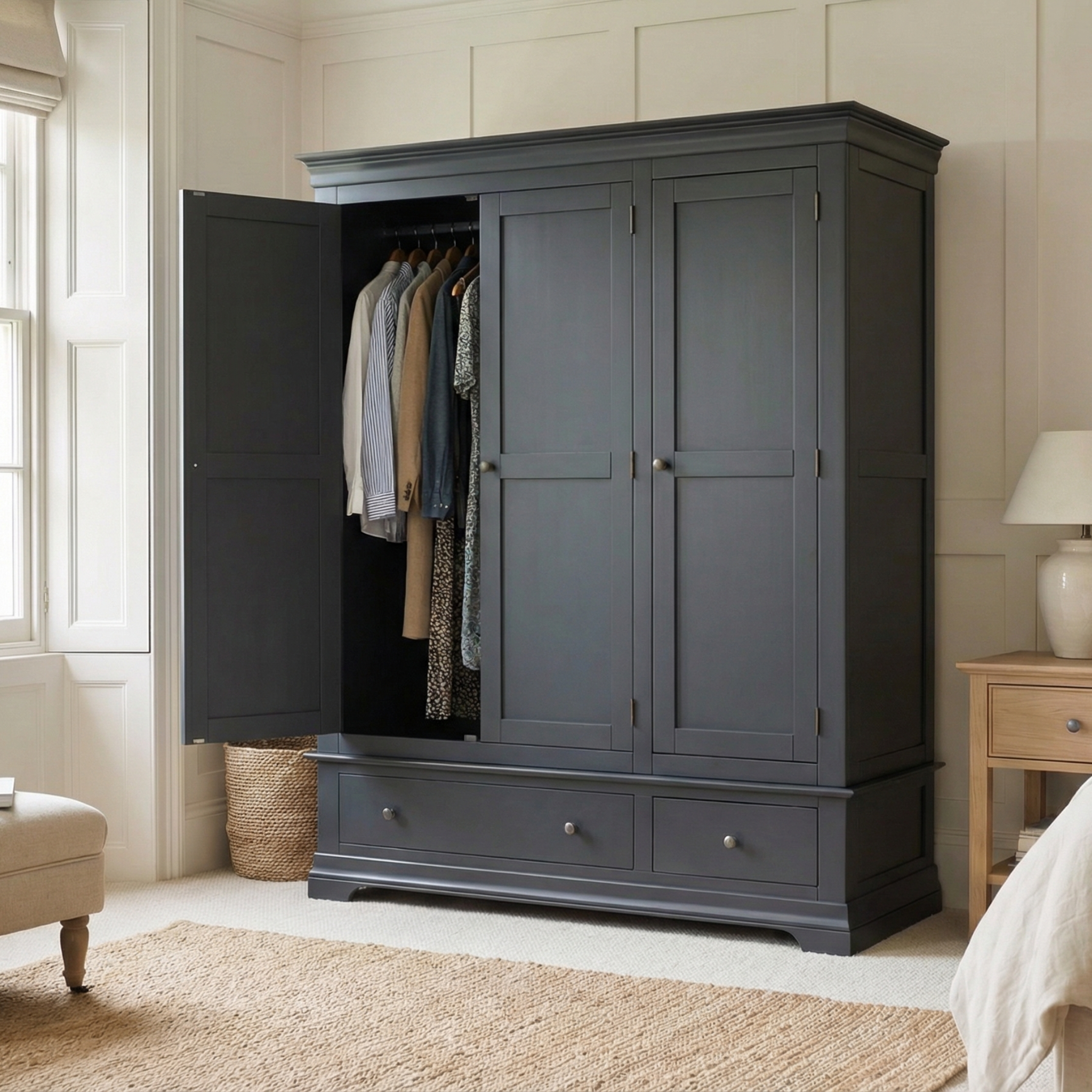 The Chalbury Triple Wardrobe in Dusky Black stands open to display hanging clothes, lending a sleek, modern touch to the bright and neatly furnished bedroom.