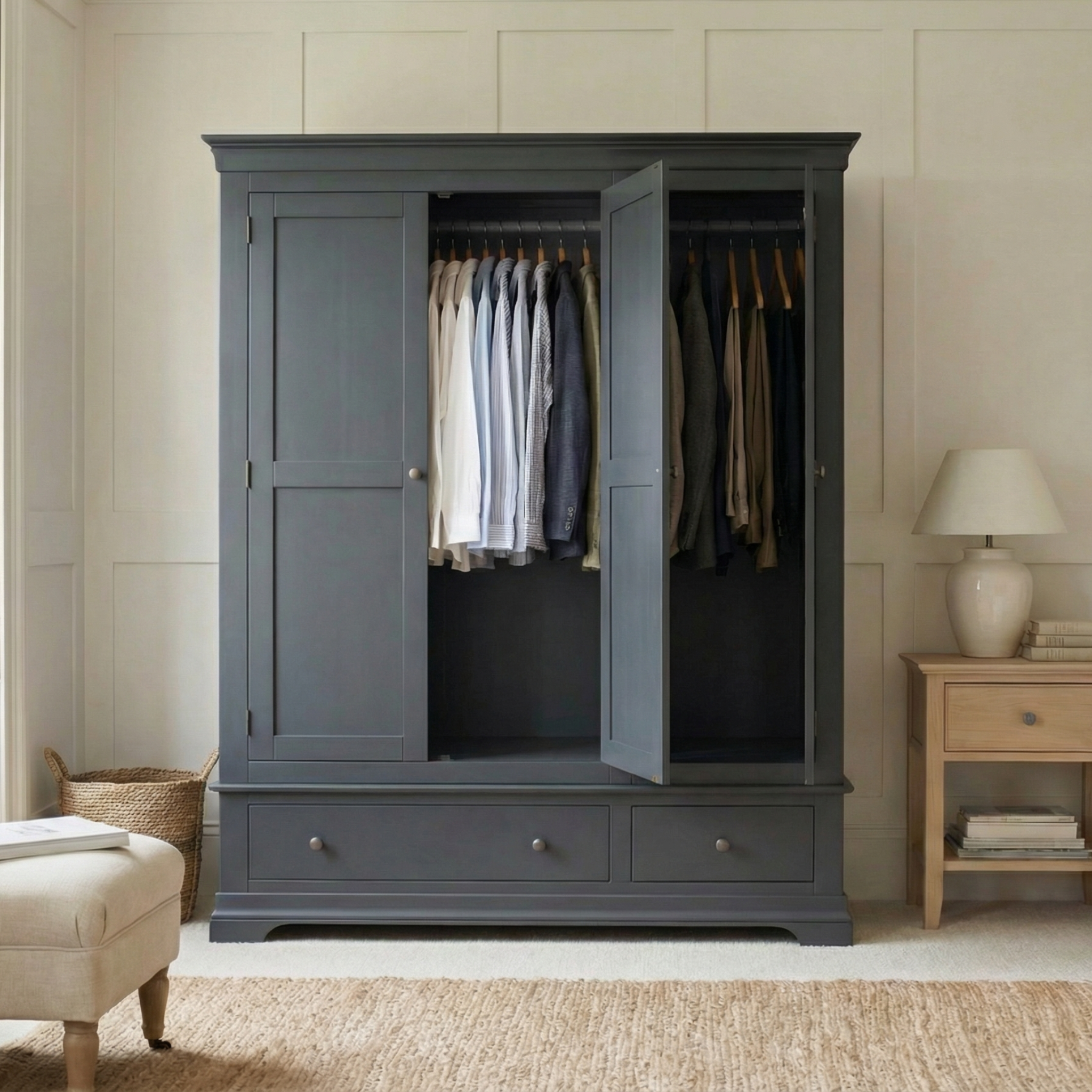 A Chalbury Triple Wardrobe in Dusky Black displays shirts and jackets inside, placed beside a beige nightstand and lamp for a modern touch.