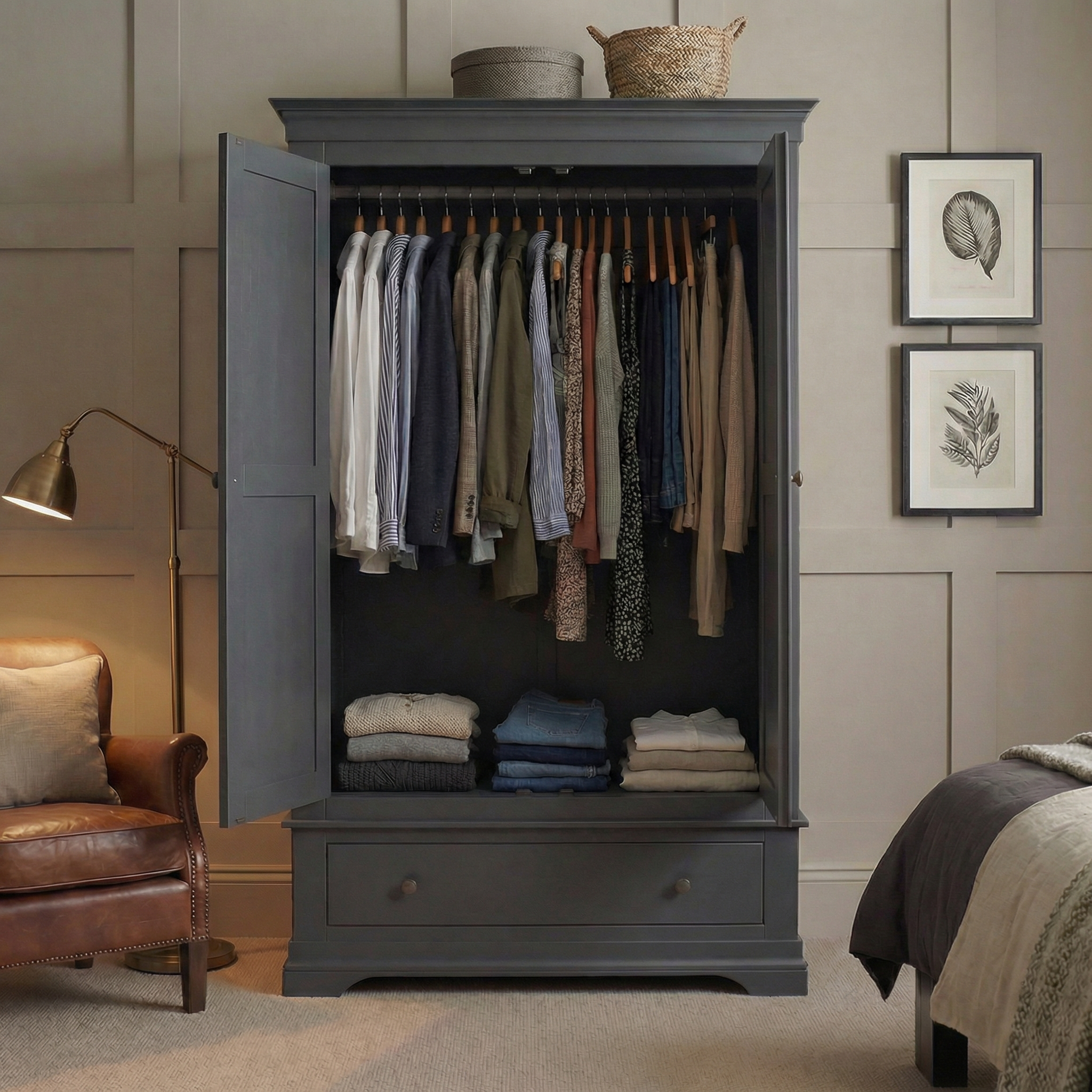 The Chalbury Double Wardrobe in Dusky Black adds stylish storage to any bedroom, providing space for shirts, jackets, and folded clothes.